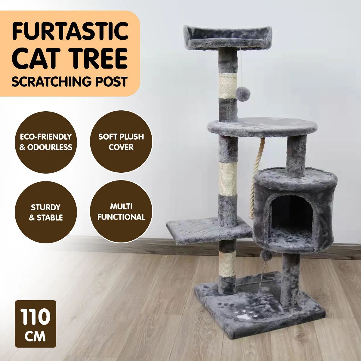 110cm Cat Tree with Toys, Plush Fabric, Eco-Friendly - Furtastic