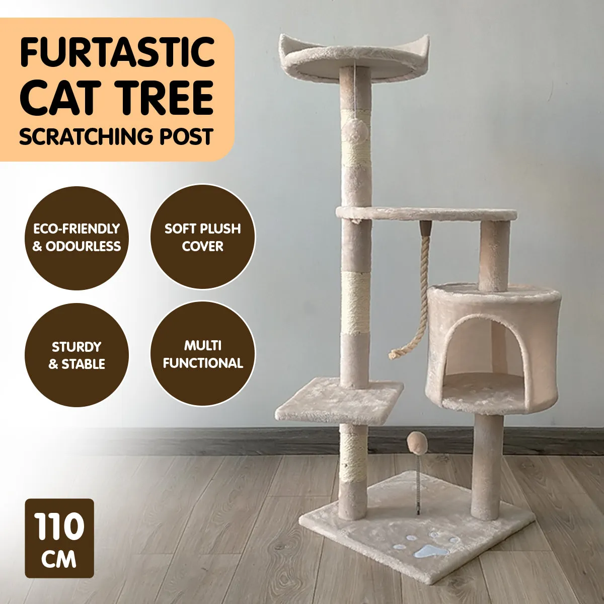 110cm Plush Multi-Level Cat Tree with Toys & Posts