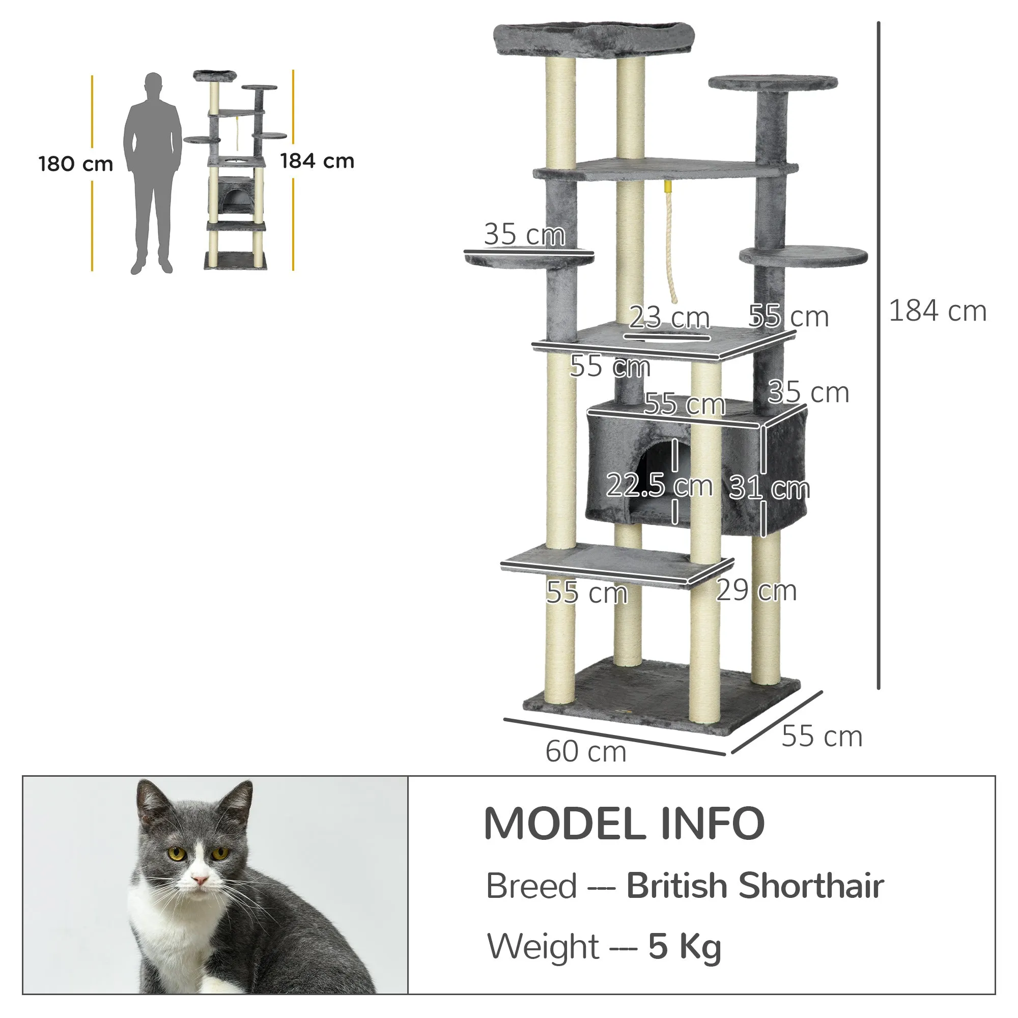 184cm Cat Tree for Indoor Cats, Multi-level Kitten Climbing Tower with Scratching Posts, Cat Bed, Condo, Perches, Hanging Play Rope, Grey