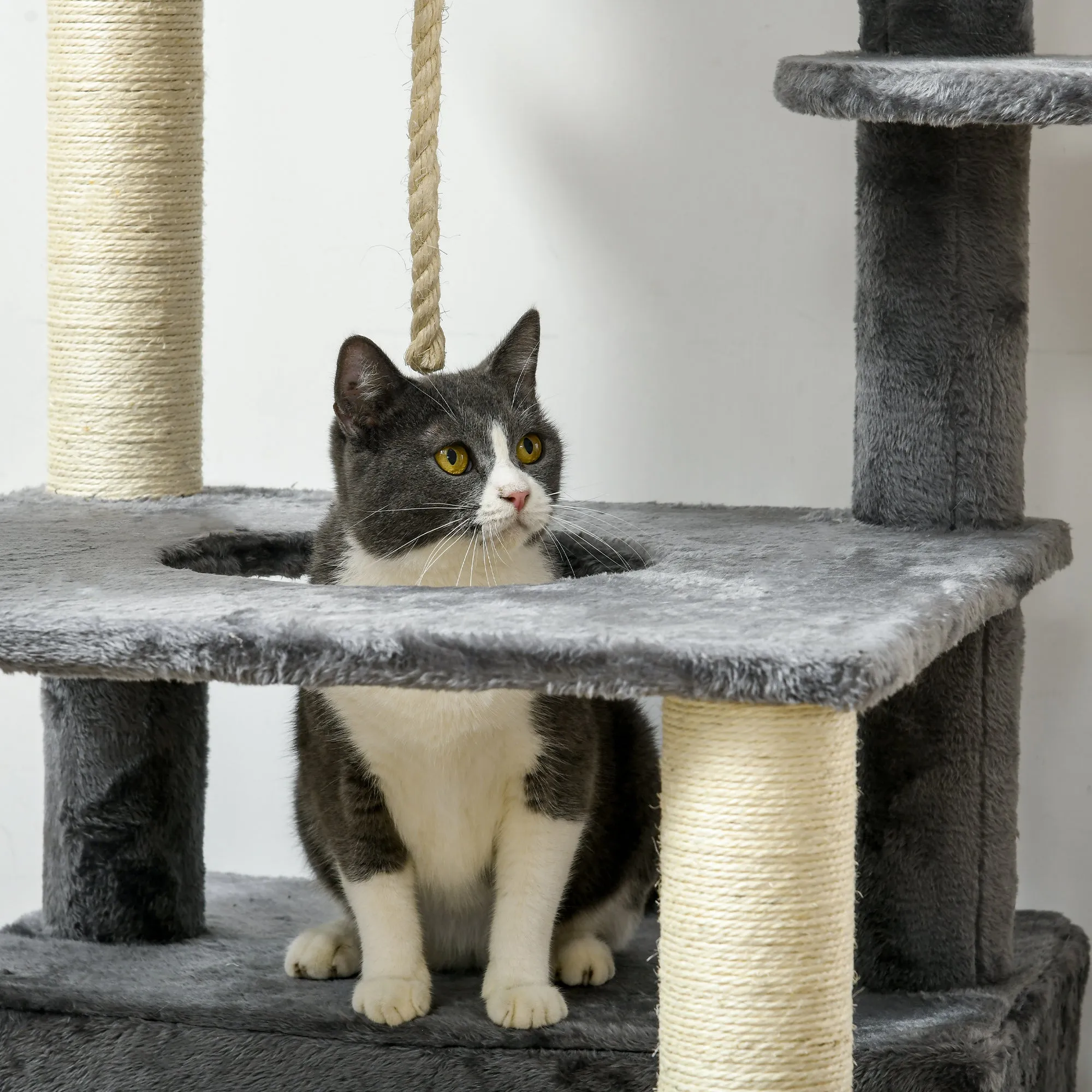 184cm Cat Tree for Indoor Cats, Multi-level Kitten Climbing Tower with Scratching Posts, Cat Bed, Condo, Perches, Hanging Play Rope, Grey