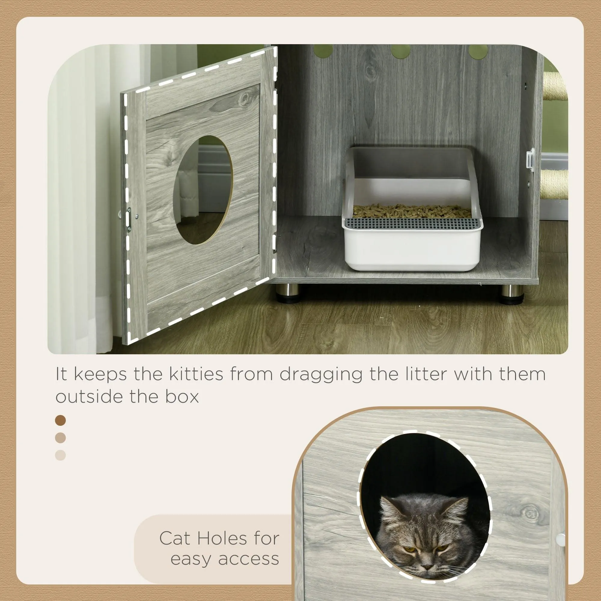 2-in-1 Cat Litter Box and Cat Tree House, Scratching Posts - Grey