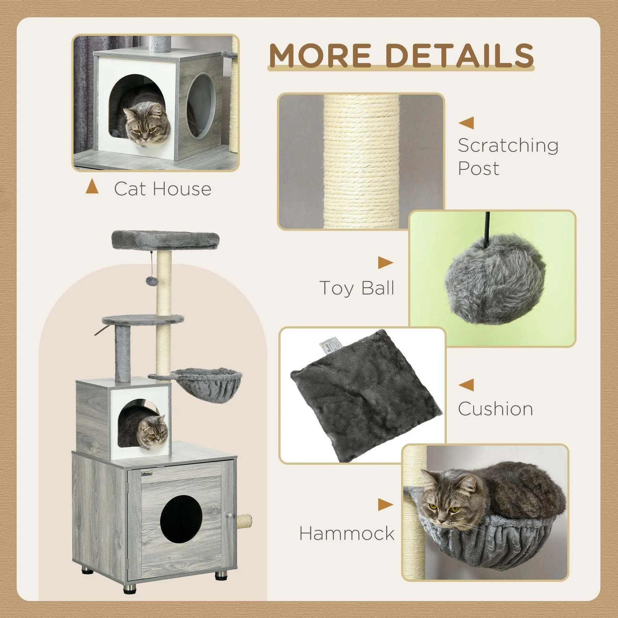 2-in-1 Cat Litter Box and Cat Tree House, Scratching Posts - Grey