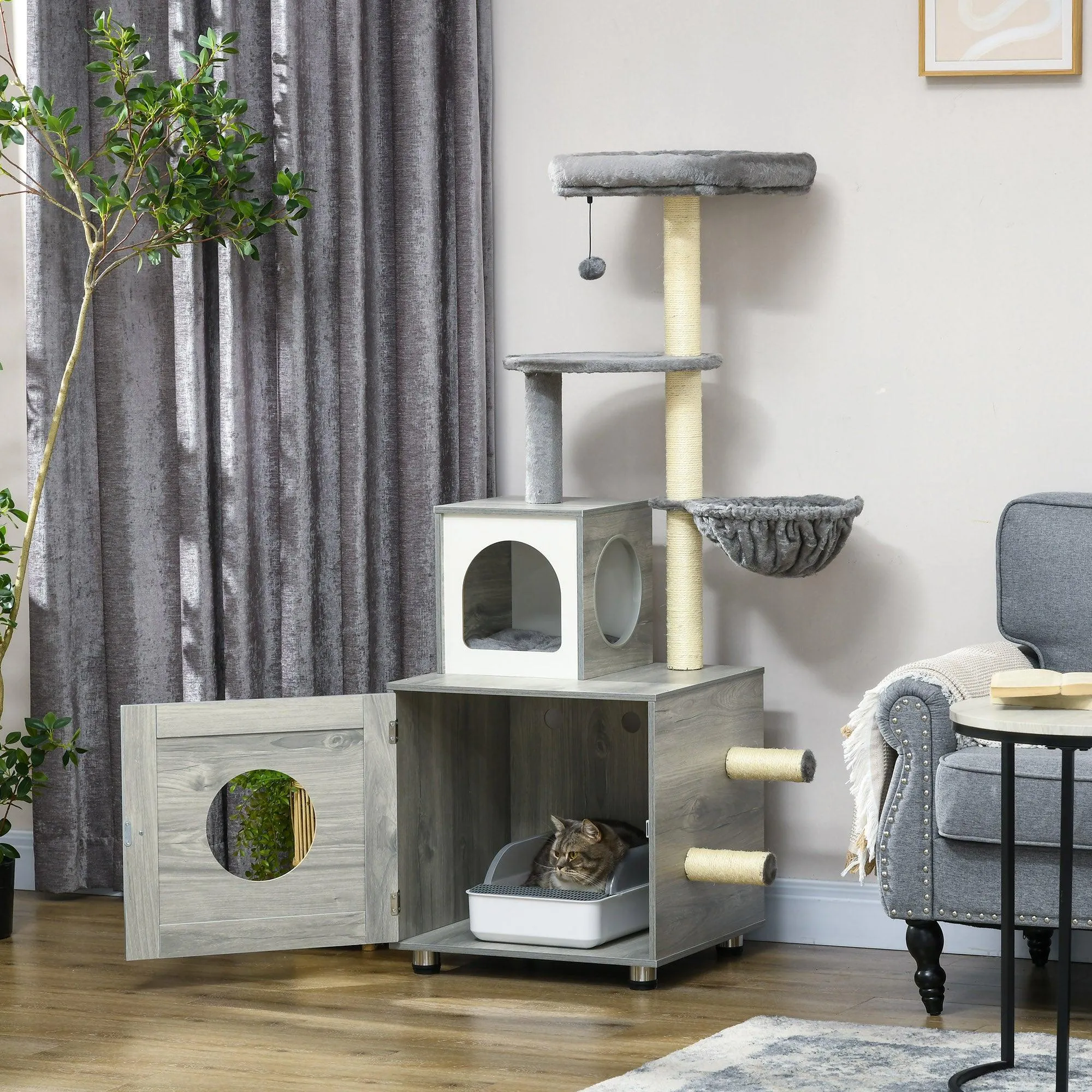 2-in-1 Cat Litter Box and Cat Tree House, Scratching Posts - Grey