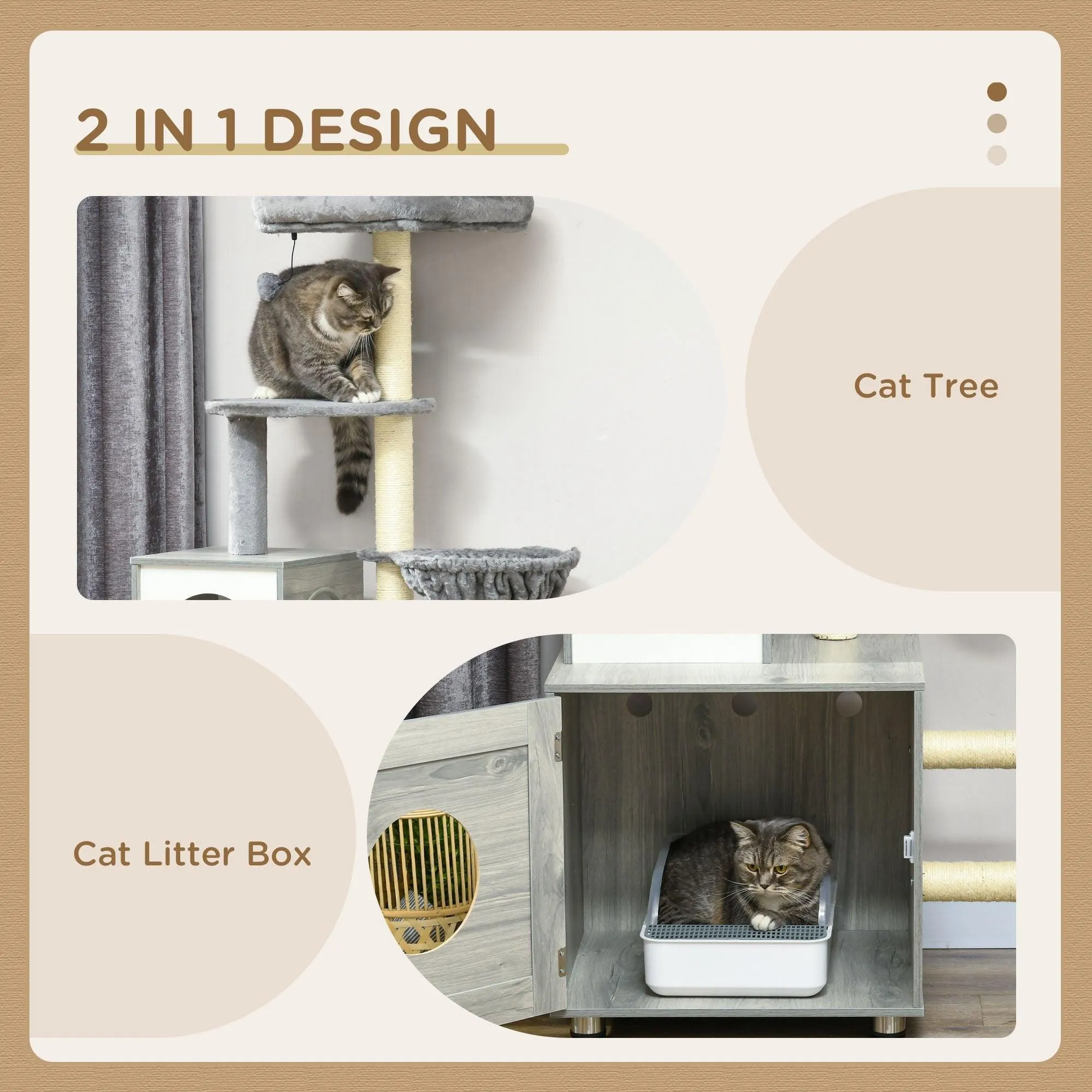 2-in-1 Cat Litter Box and Cat Tree House, Scratching Posts - Grey