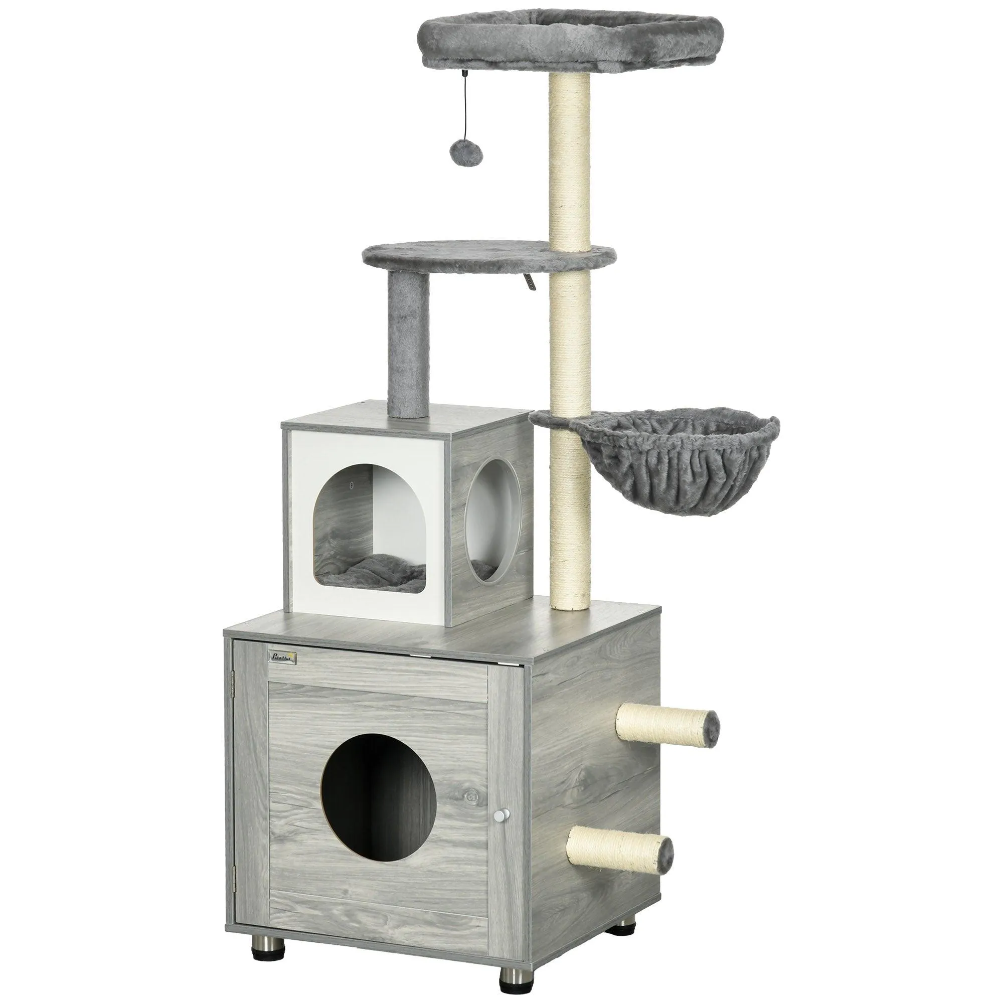 2-in-1 Cat Litter Box and Cat Tree House, Scratching Posts - Grey