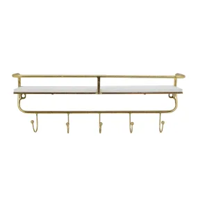 20" 5-Hook Wall Shelf, White/Gold