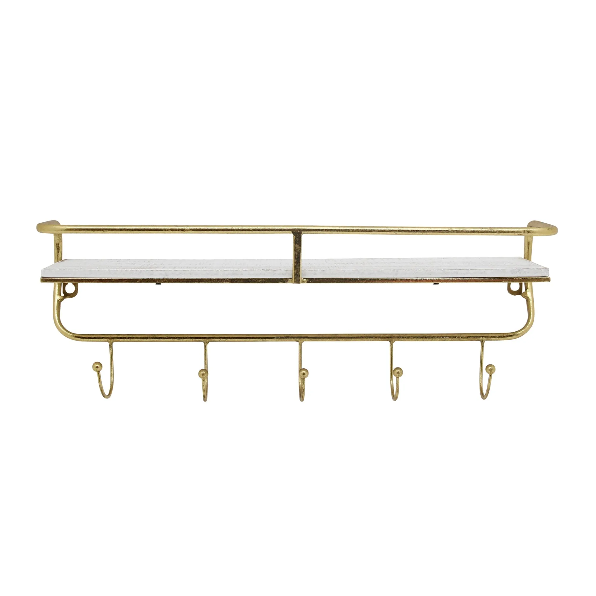 20" 5-Hook Wall Shelf, White/Gold