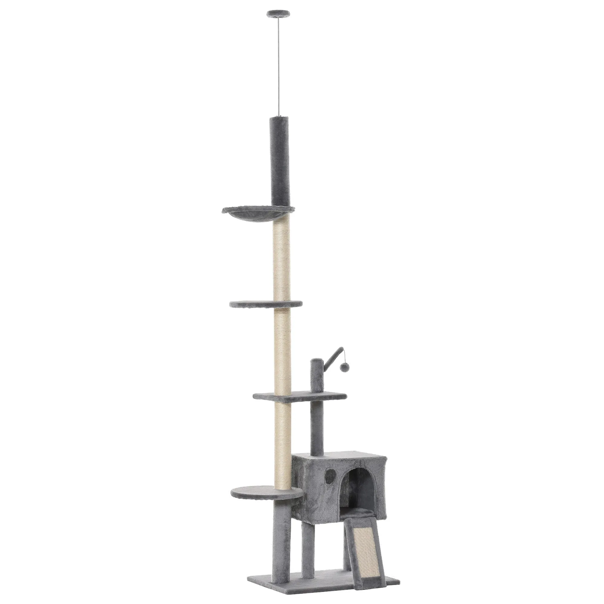 270cm Floor To Ceiling Cat Tree Cat House Scratching Post for Indoor Cats Hammock Hanging Ball Activity Center Grey