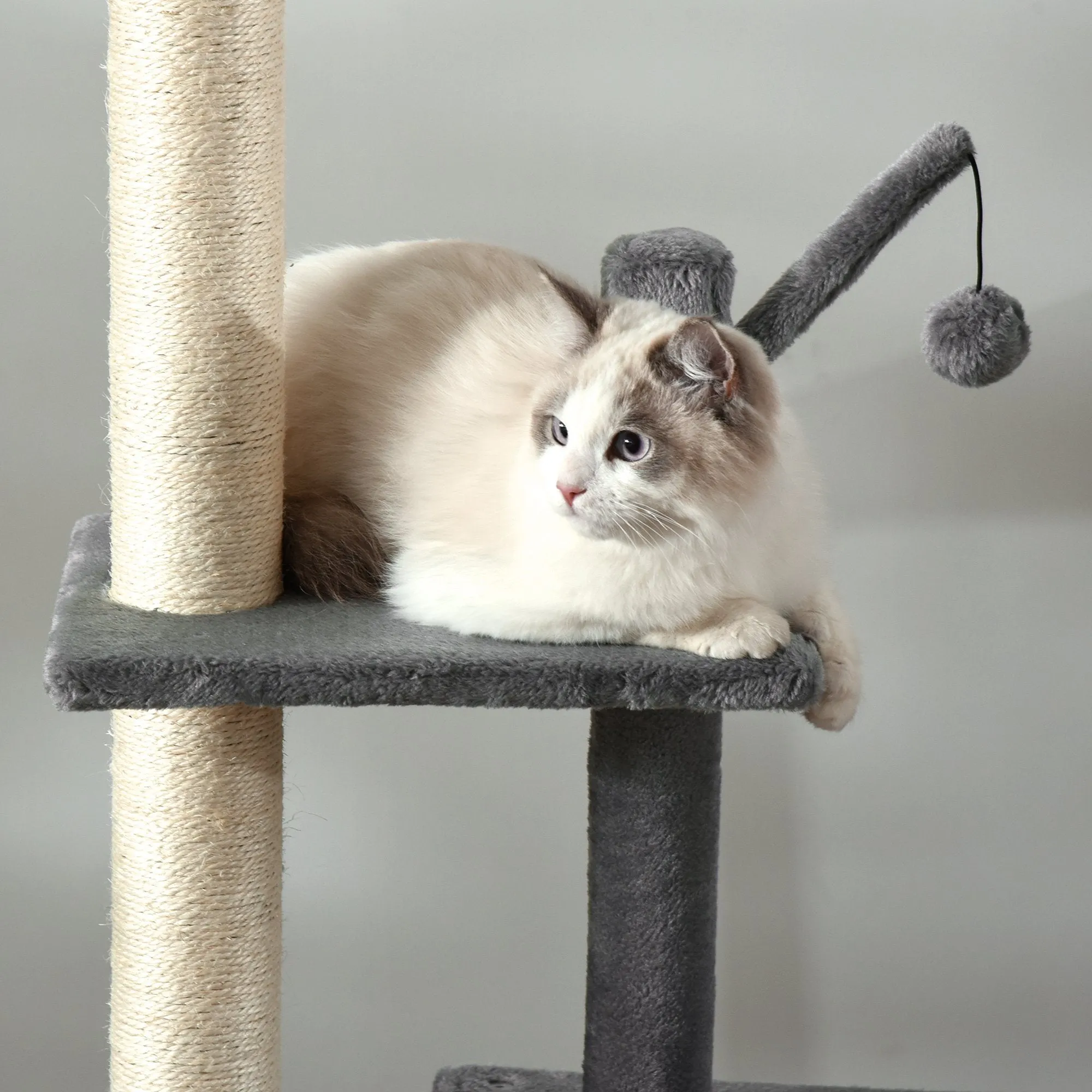 270cm Floor To Ceiling Cat Tree Cat House Scratching Post for Indoor Cats Hammock Hanging Ball Activity Center Grey