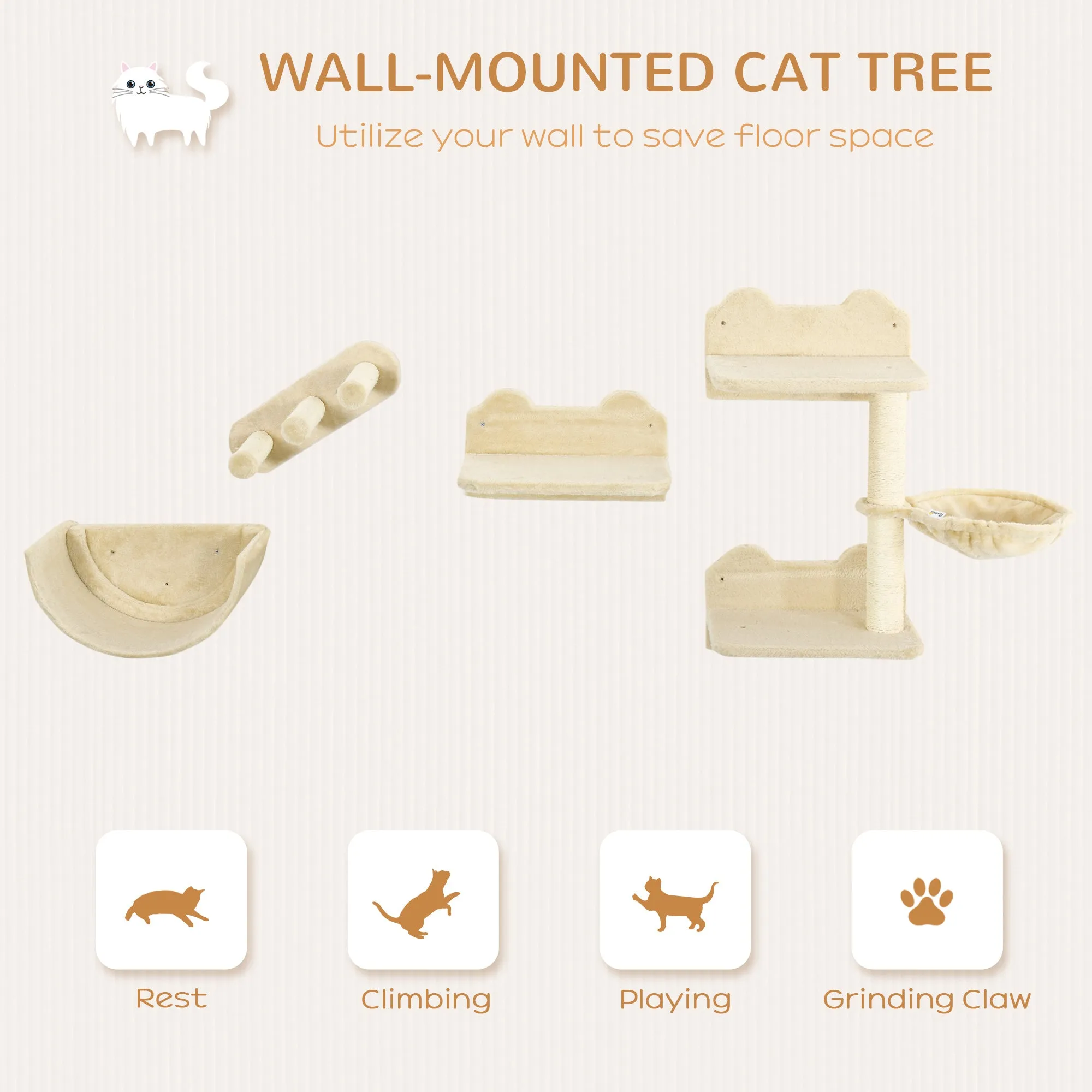 4PCs Wall-mounted Cats Shelves, Cat Climbing Shelf Set, Kitten Activity Center with Hammock Nest Scratching Post Jumping Platform, Beige