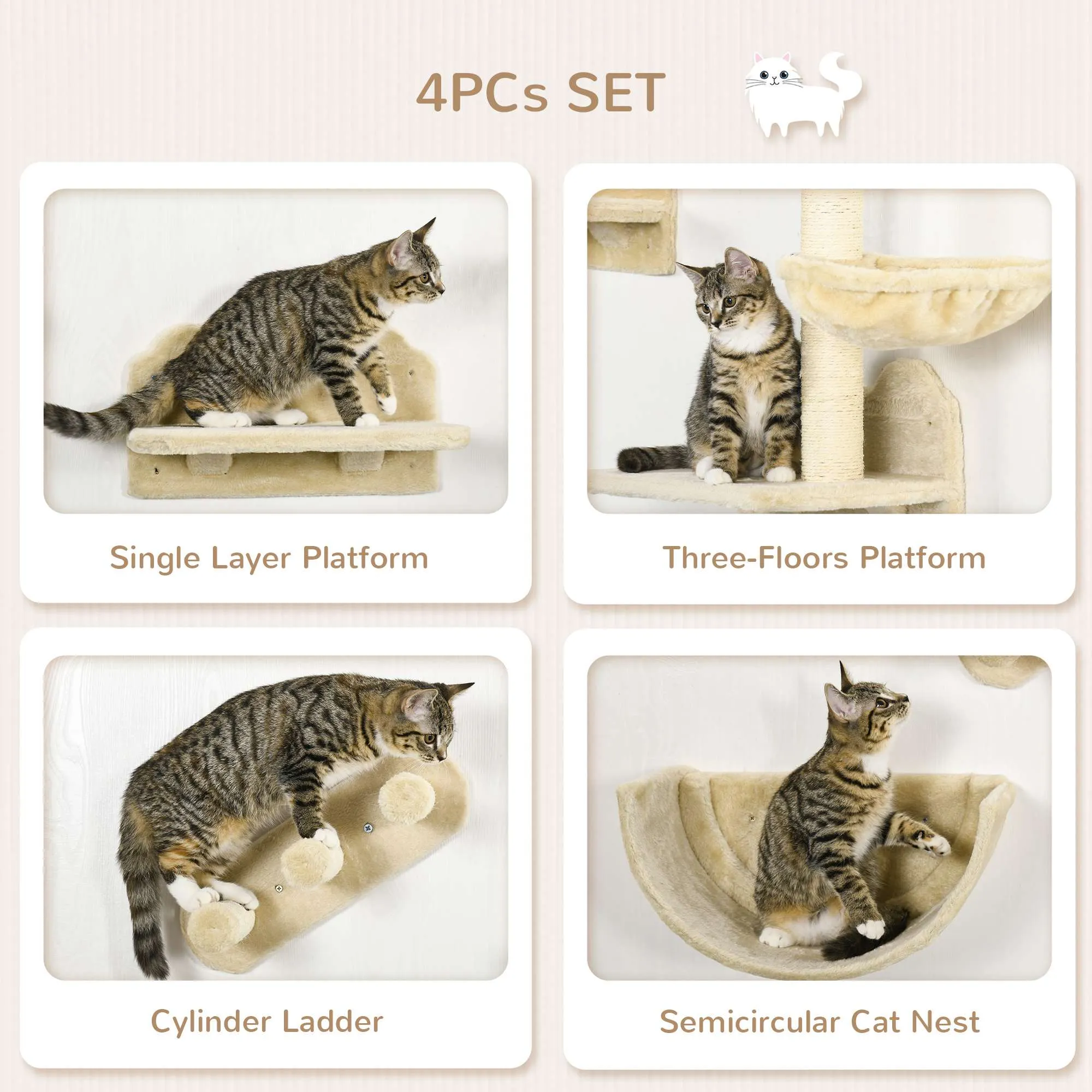 4PCs Wall-mounted Cats Shelves, Cat Climbing Shelf Set, Kitten Activity Center with Hammock Nest Scratching Post Jumping Platform, Beige