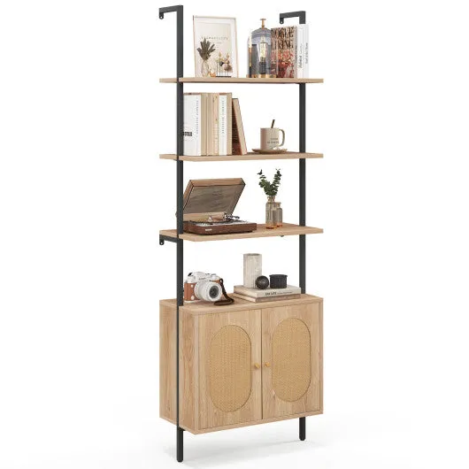 71 Inch 6-Tier Wall Mounted Ladder Bookshelf with Rattan Cabinet-Natural