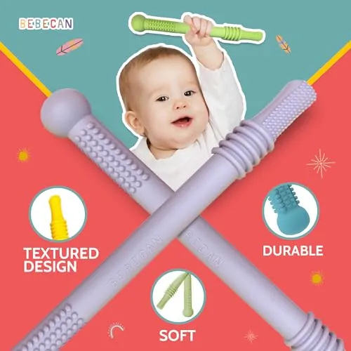 BEBECAN Teething Sticks for Babies 0-36 Months - Super Soft Silicone Teethers in 6 Vibrant Colors, Infant Teething Relief, Multicolored Teething Tubes Baby Gift Teethers