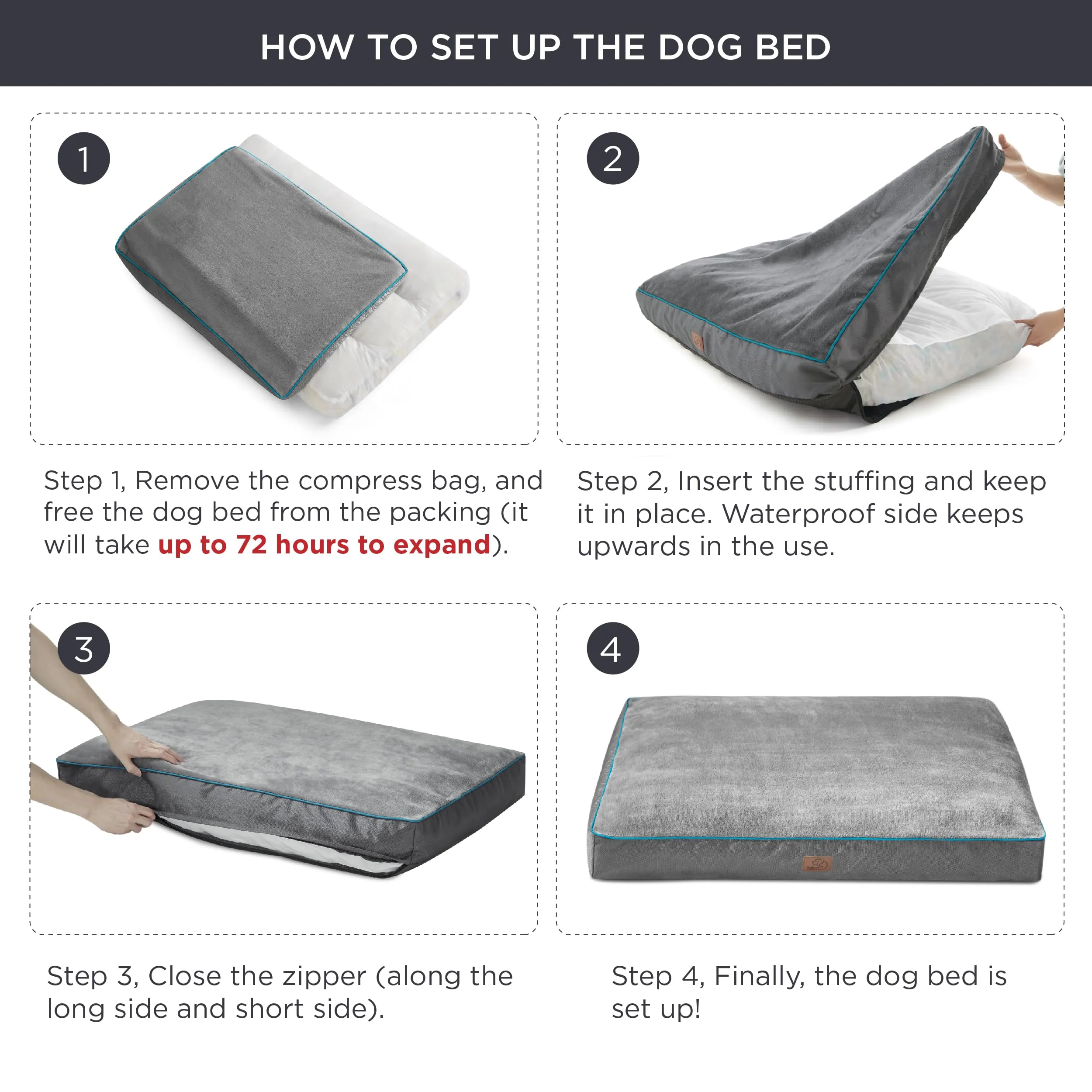 Bedsure Entire Waterproof Large Dog Bed - 4 inch Thicken Up to 80lbs Large Dog Bed with Removable Washable Cover, Pet Bed Mat Pillows, Grey