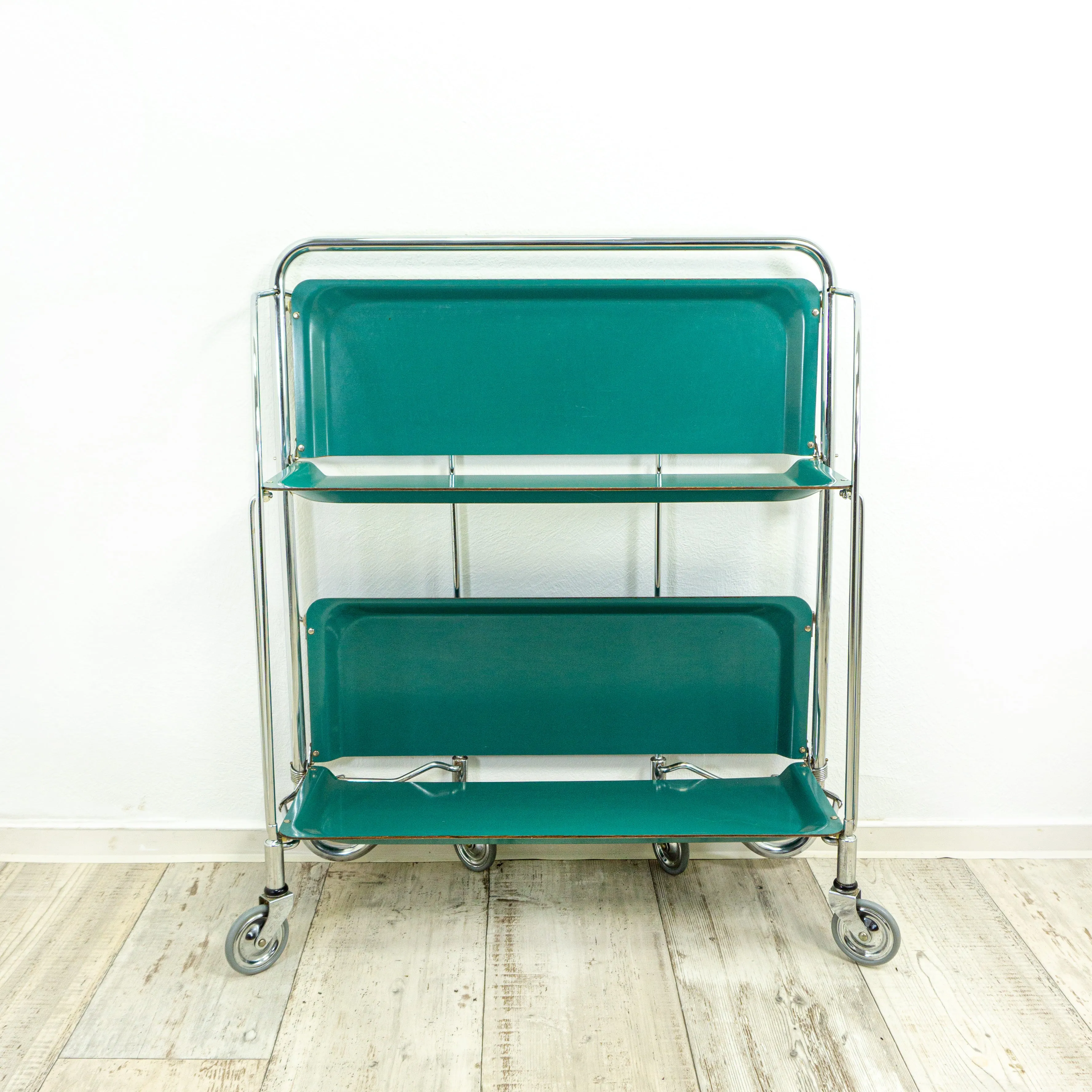 Blue-green 1970s FOLDABLE BAR CART 'Dinett' by Bremshey,  Formica serving trolley