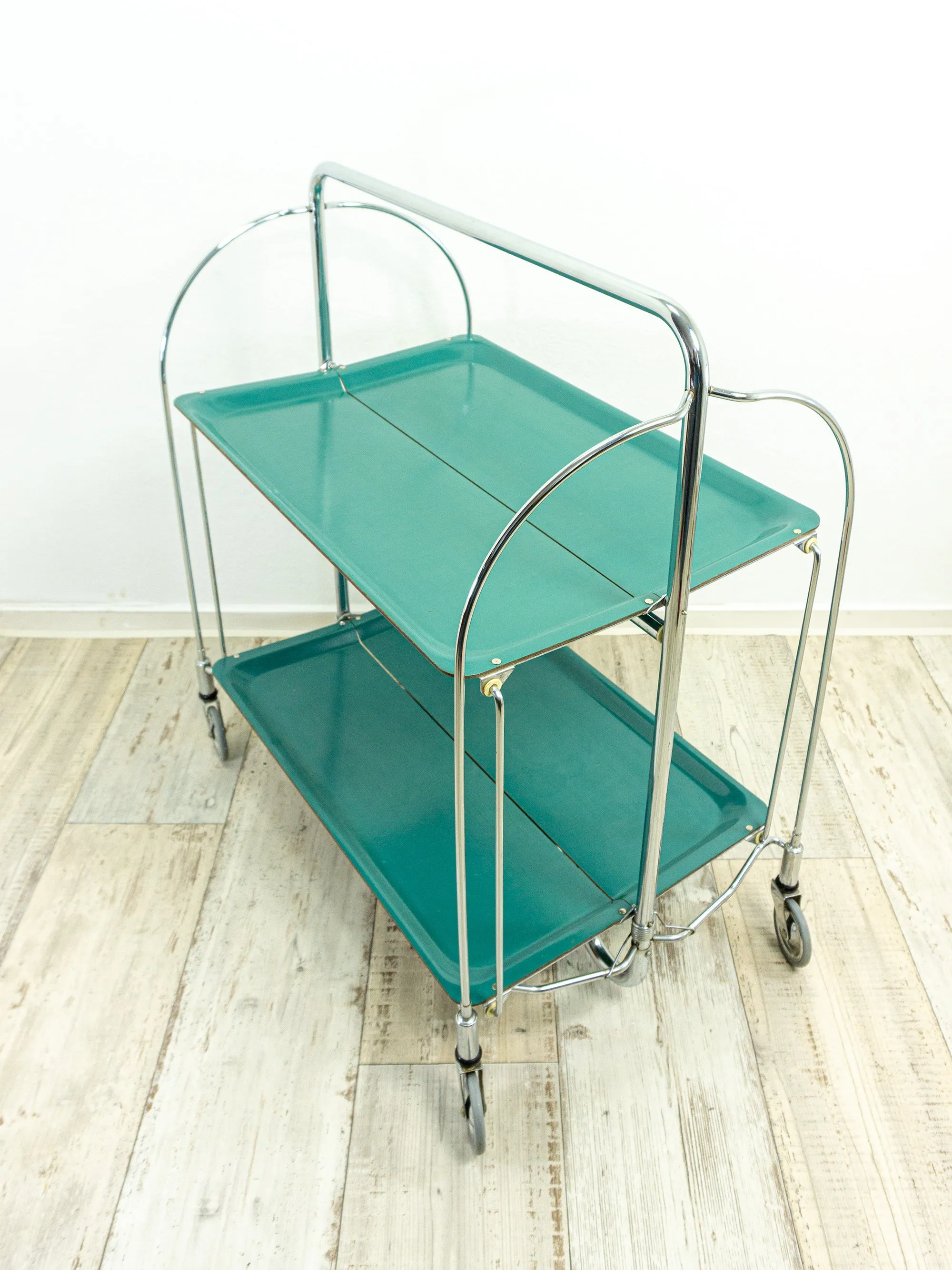 Blue-green 1970s FOLDABLE BAR CART 'Dinett' by Bremshey,  Formica serving trolley