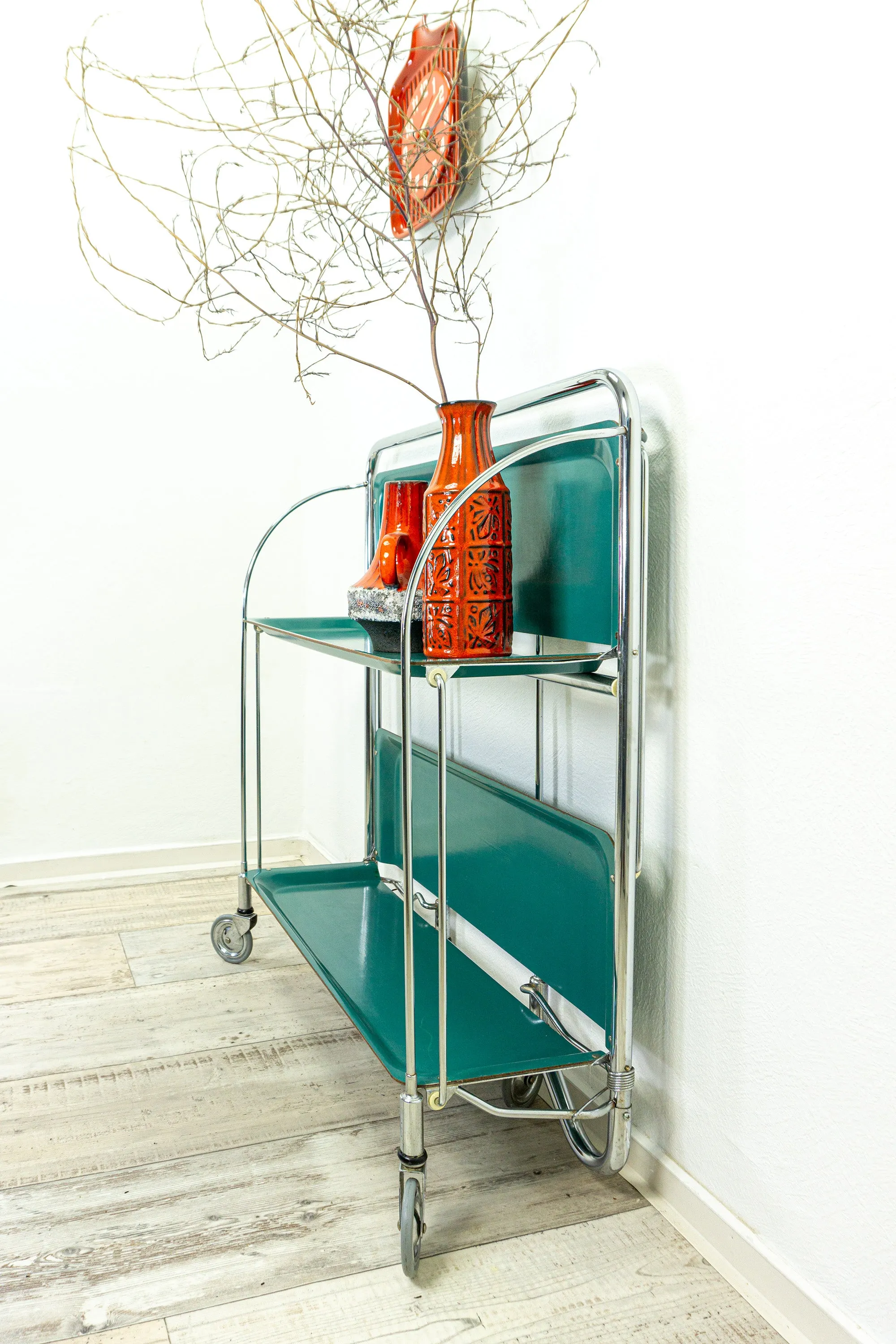 Blue-green 1970s FOLDABLE BAR CART 'Dinett' by Bremshey,  Formica serving trolley