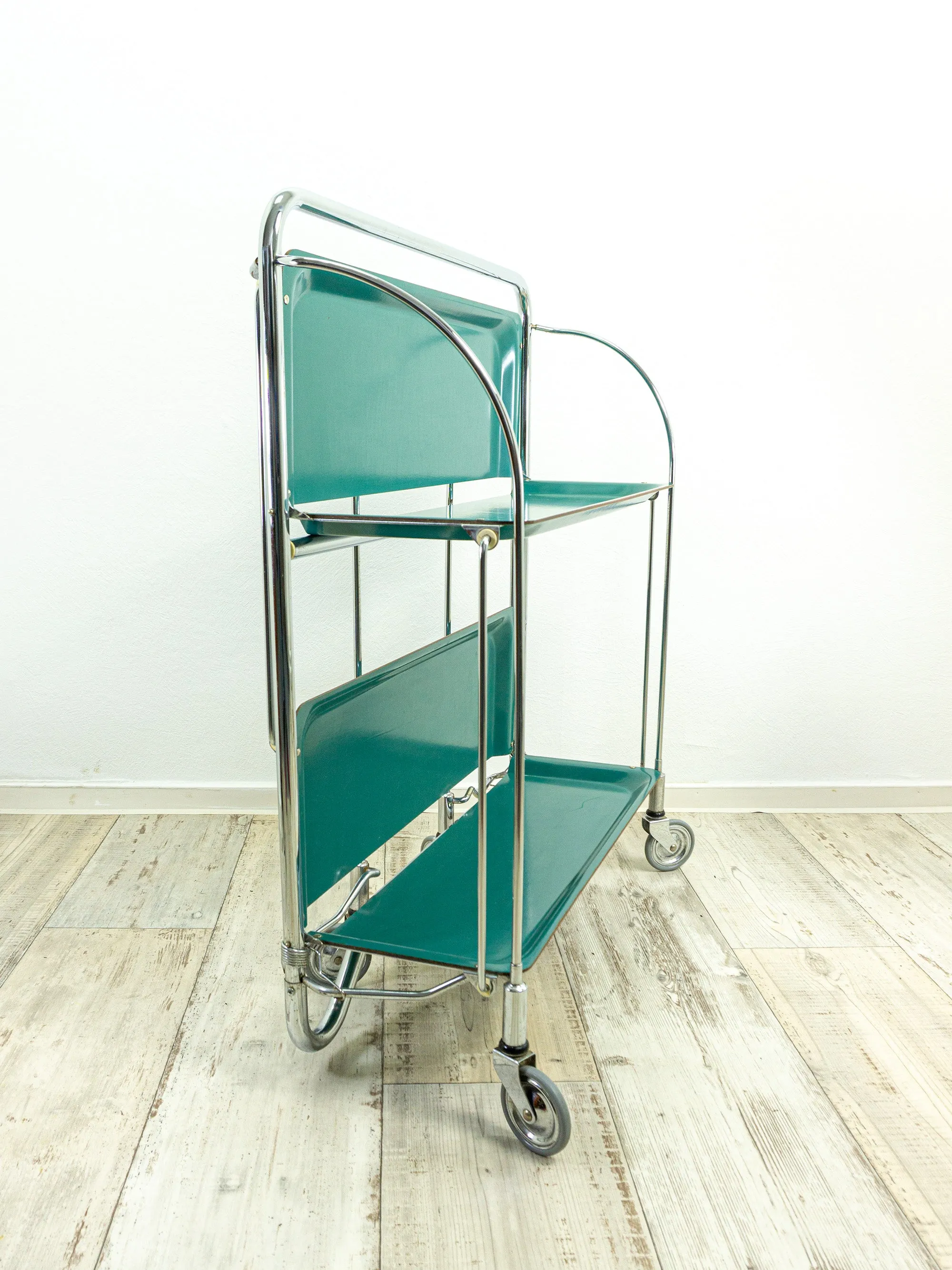 Blue-green 1970s FOLDABLE BAR CART 'Dinett' by Bremshey,  Formica serving trolley