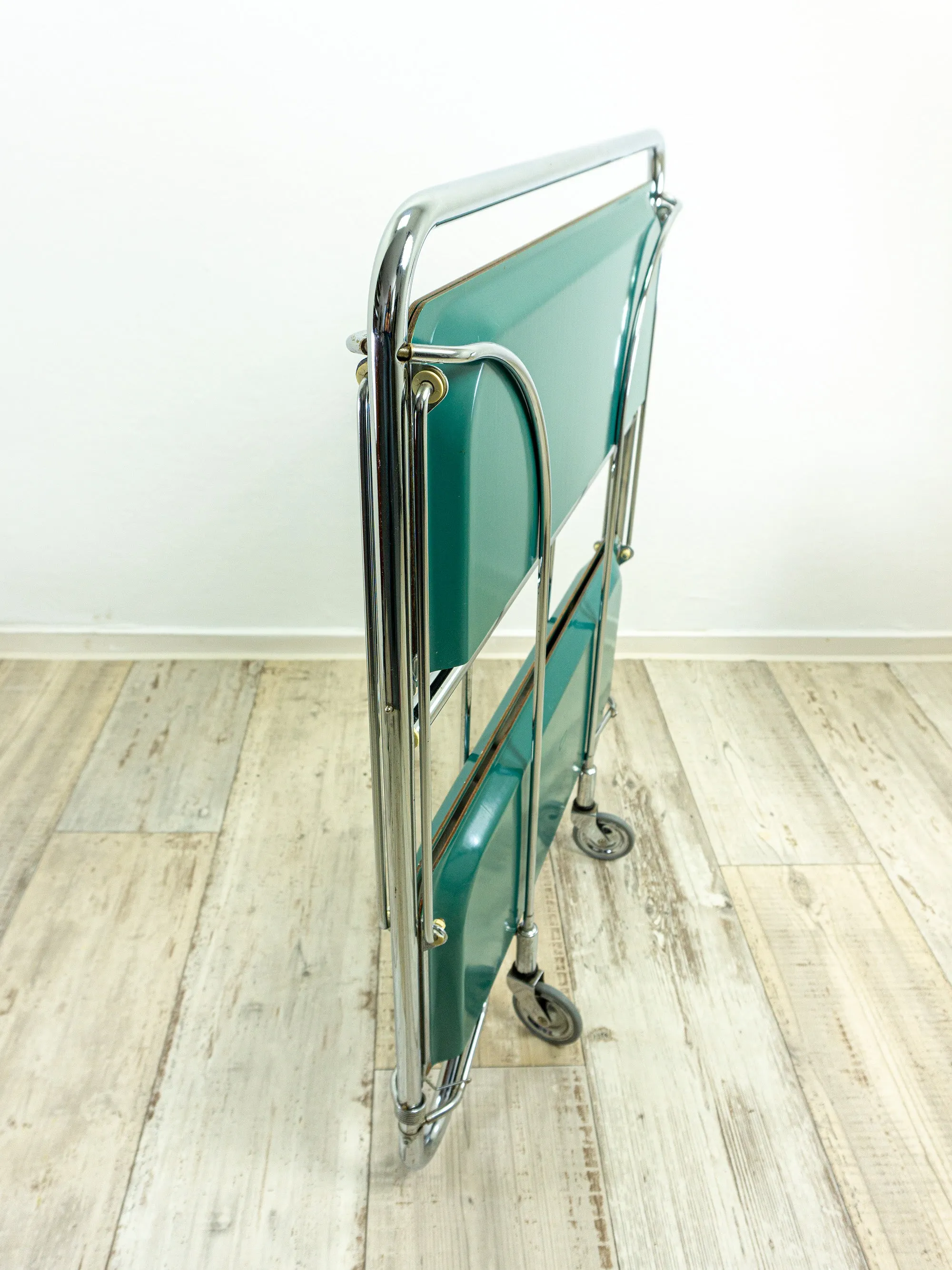 Blue-green 1970s FOLDABLE BAR CART 'Dinett' by Bremshey,  Formica serving trolley