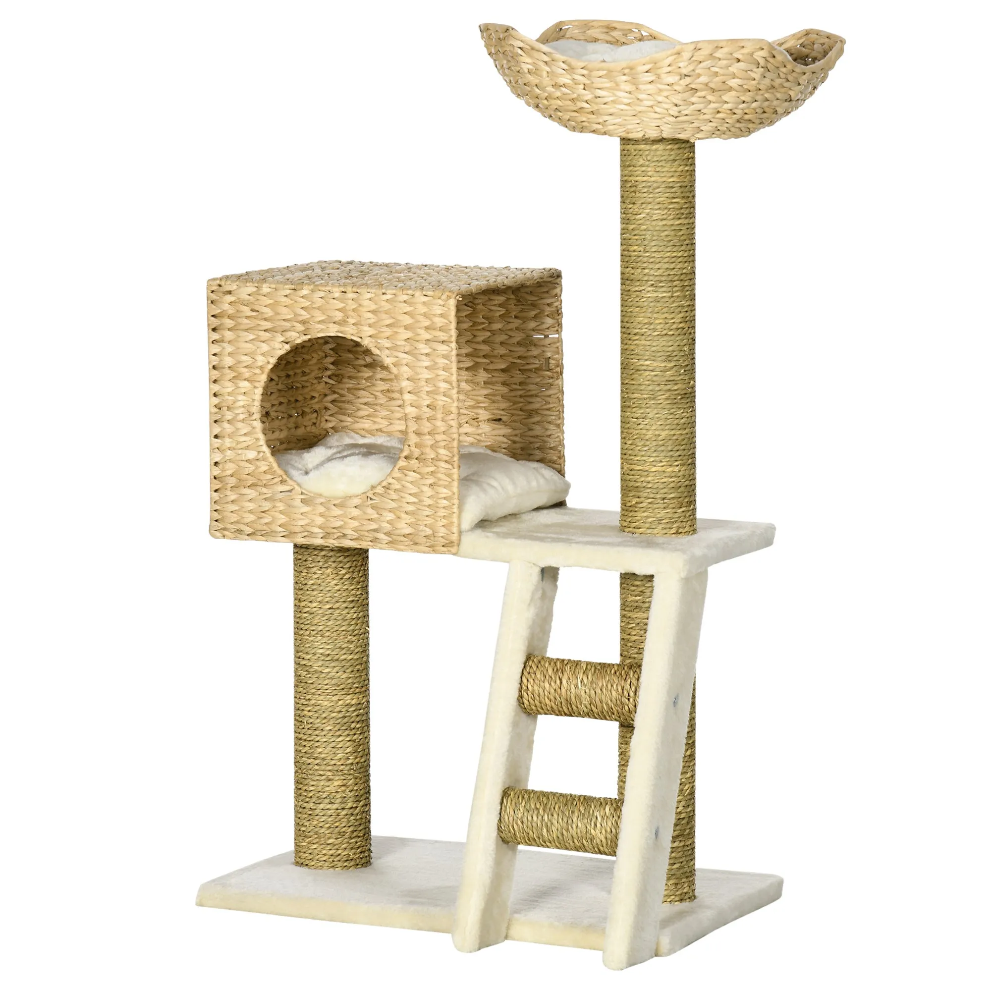 Cat Tree for Indoor Cats Kitten Tower Cattail Weave with Scratching Posts, Cat House, Bed, Ladder, Washable Cushions, Natural Finish