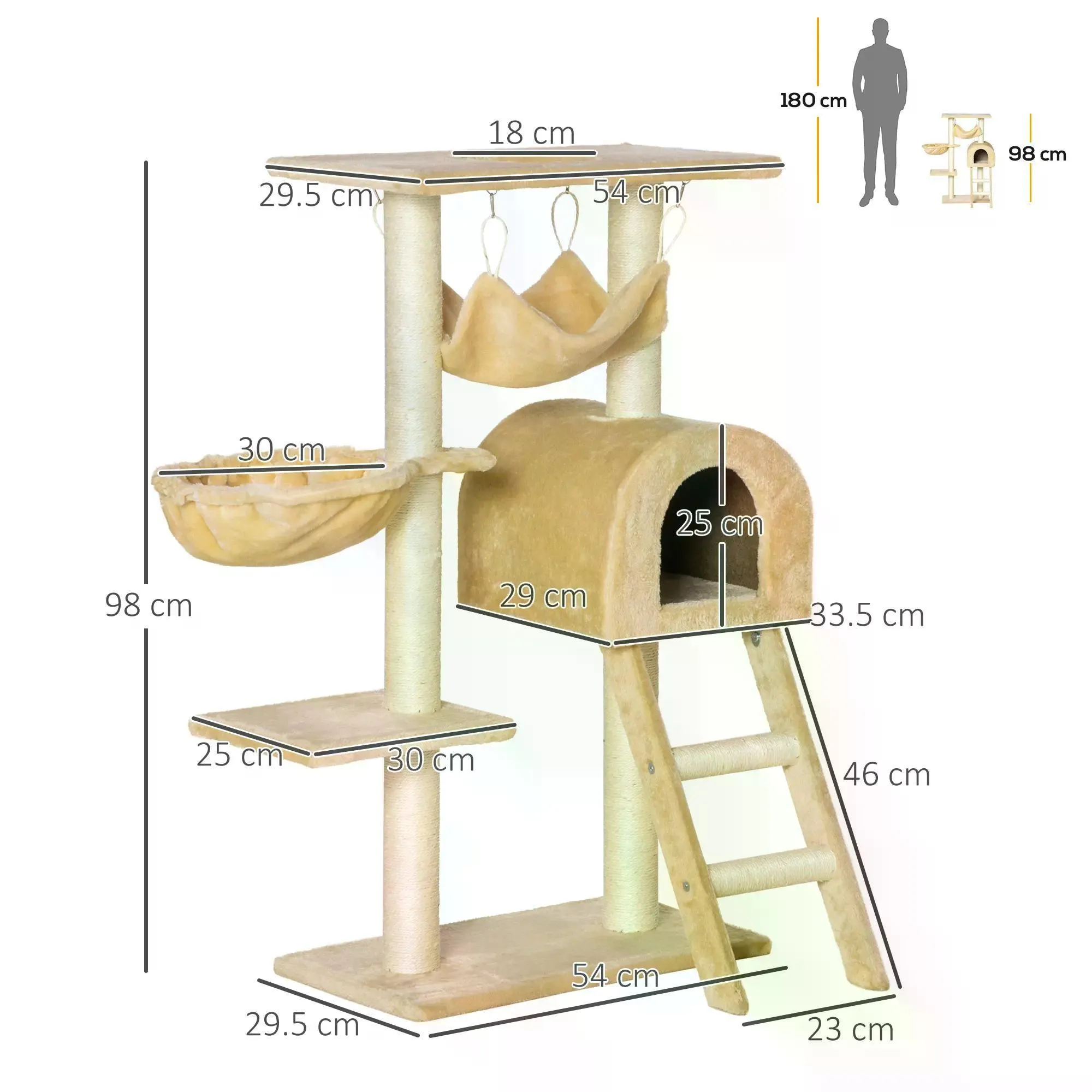 Cat Tree Tower Activity Centre w/ Hammock, 98cm - Beige