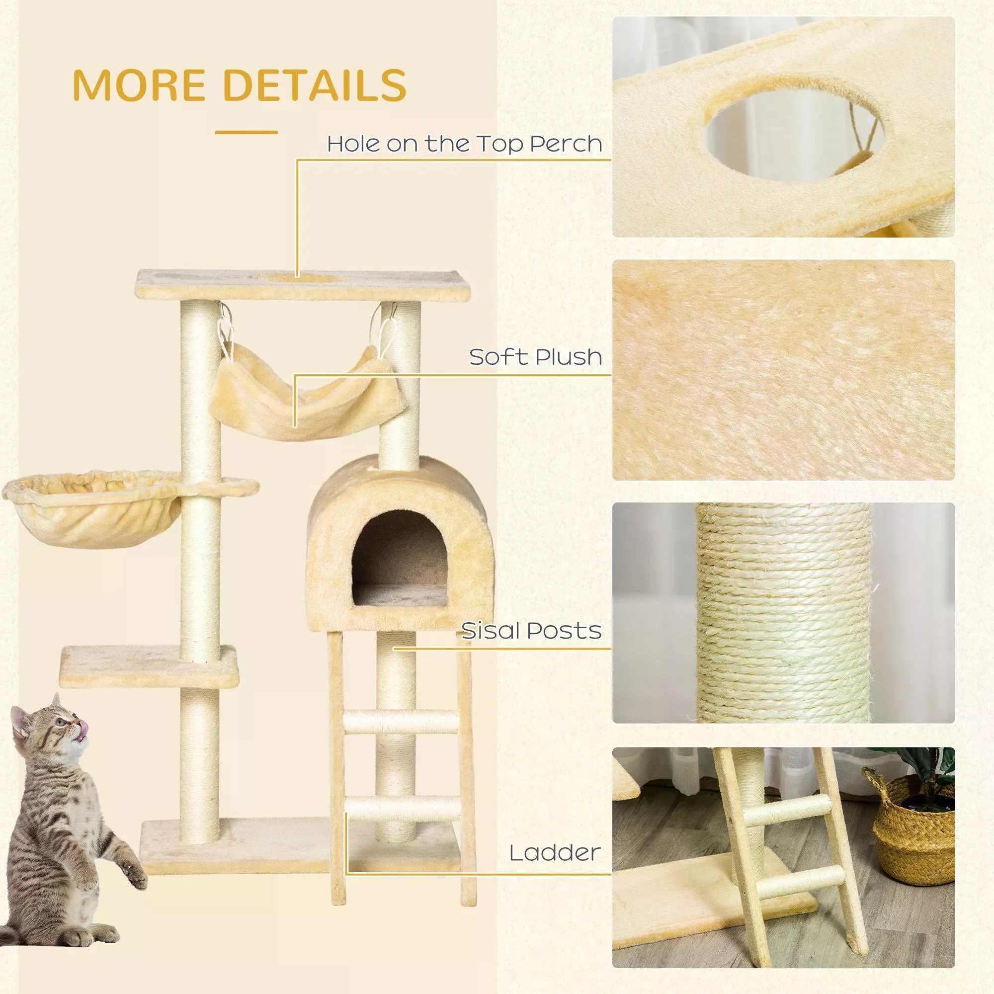 Cat Tree Tower Activity Centre w/ Hammock, 98cm - Beige