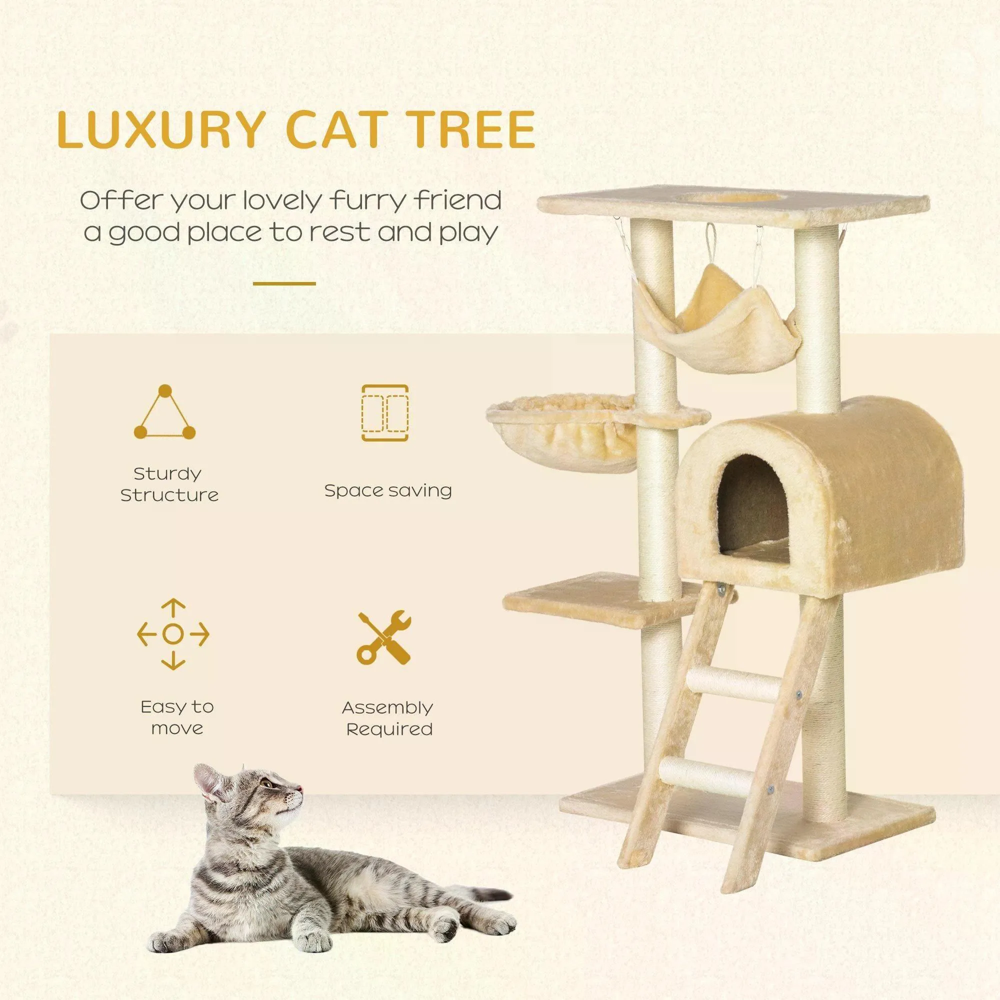 Cat Tree Tower Activity Centre w/ Hammock, 98cm - Beige