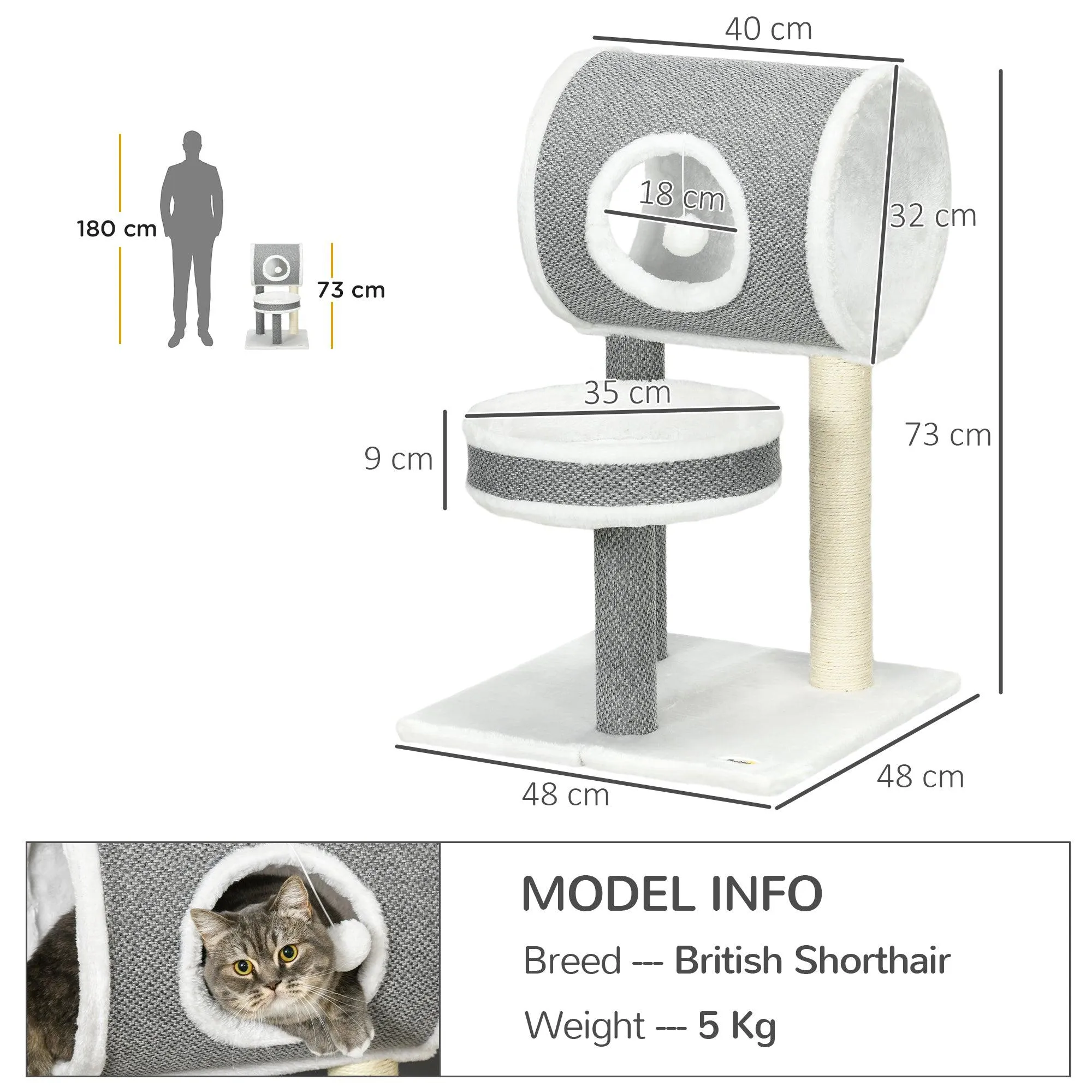 Cat Tree w/ Scratching Posts, Tunnel, Plush Bed, 73cm - Grey & White