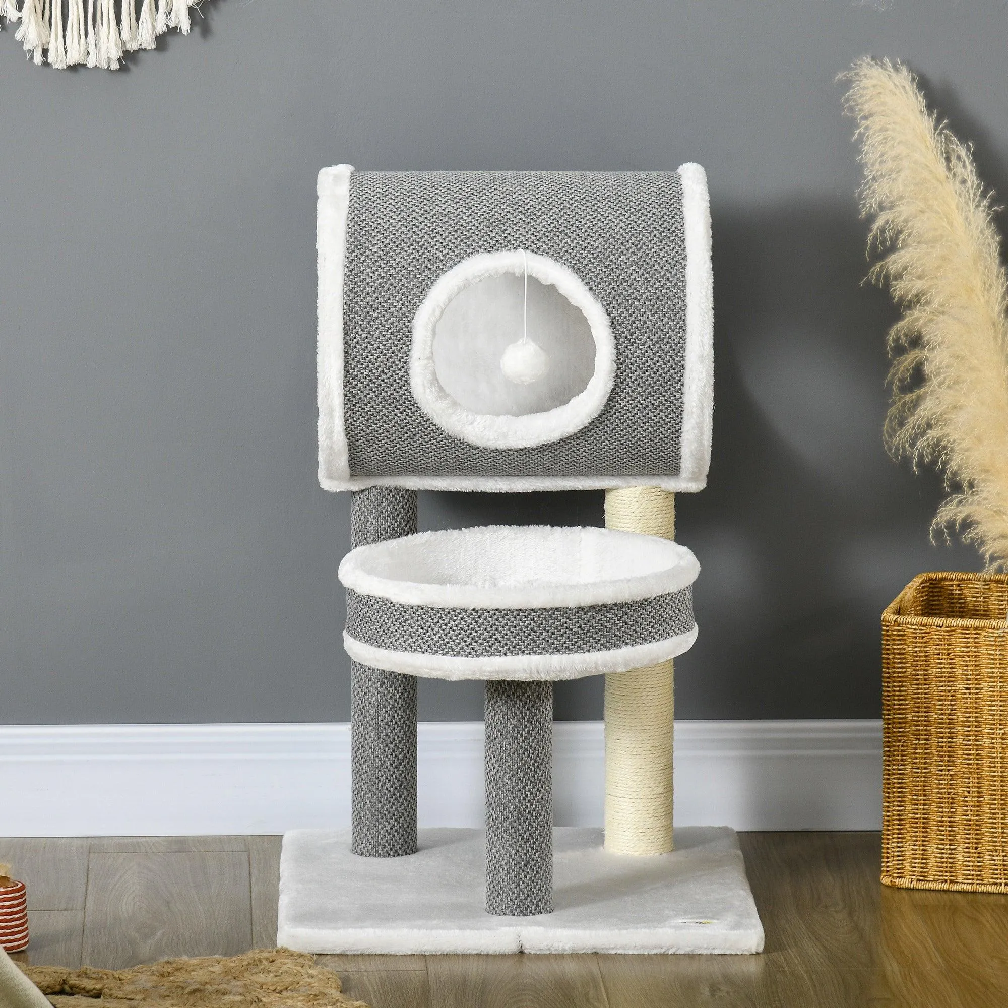 Cat Tree w/ Scratching Posts, Tunnel, Plush Bed, 73cm - Grey & White