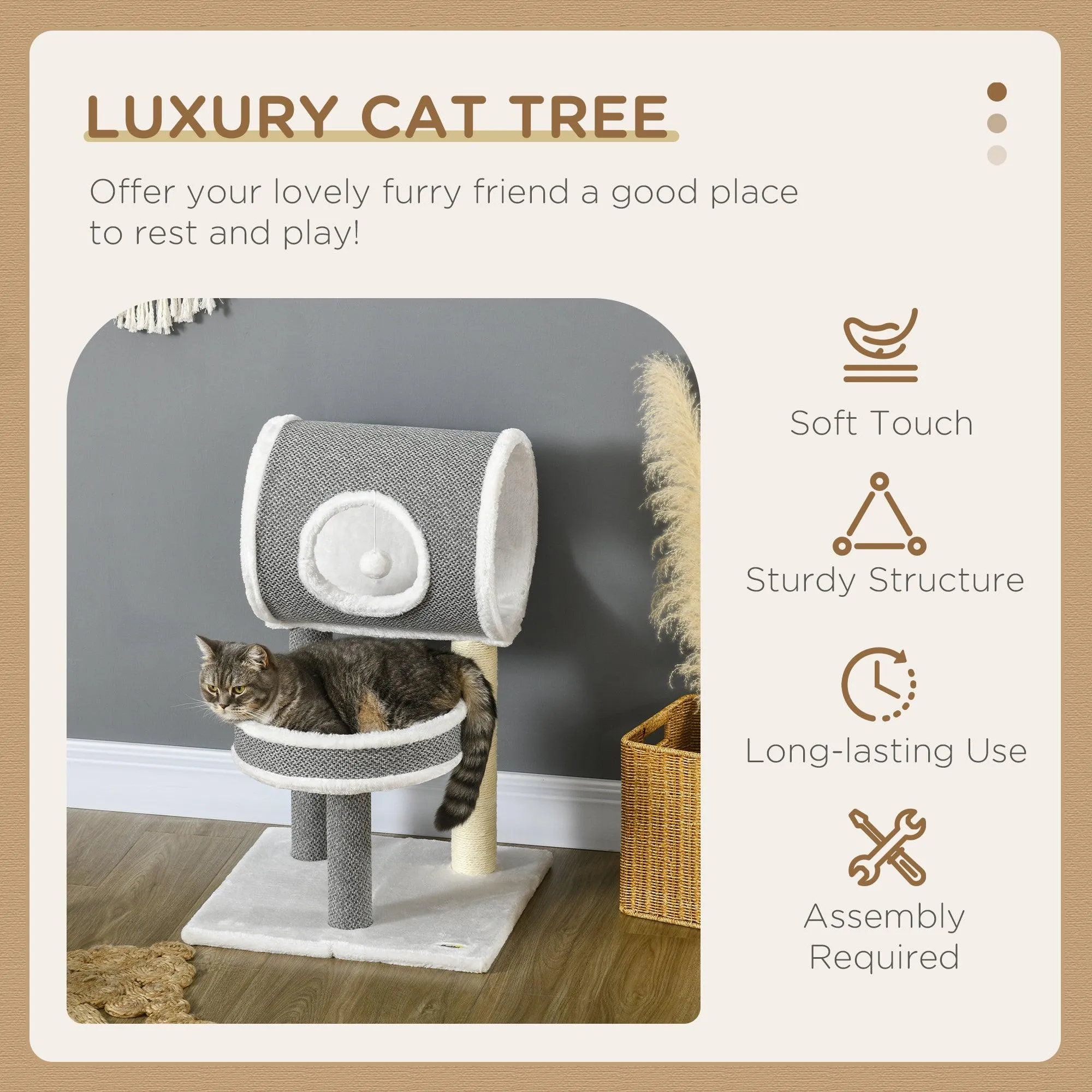 Cat Tree w/ Scratching Posts, Tunnel, Plush Bed, 73cm - Grey & White