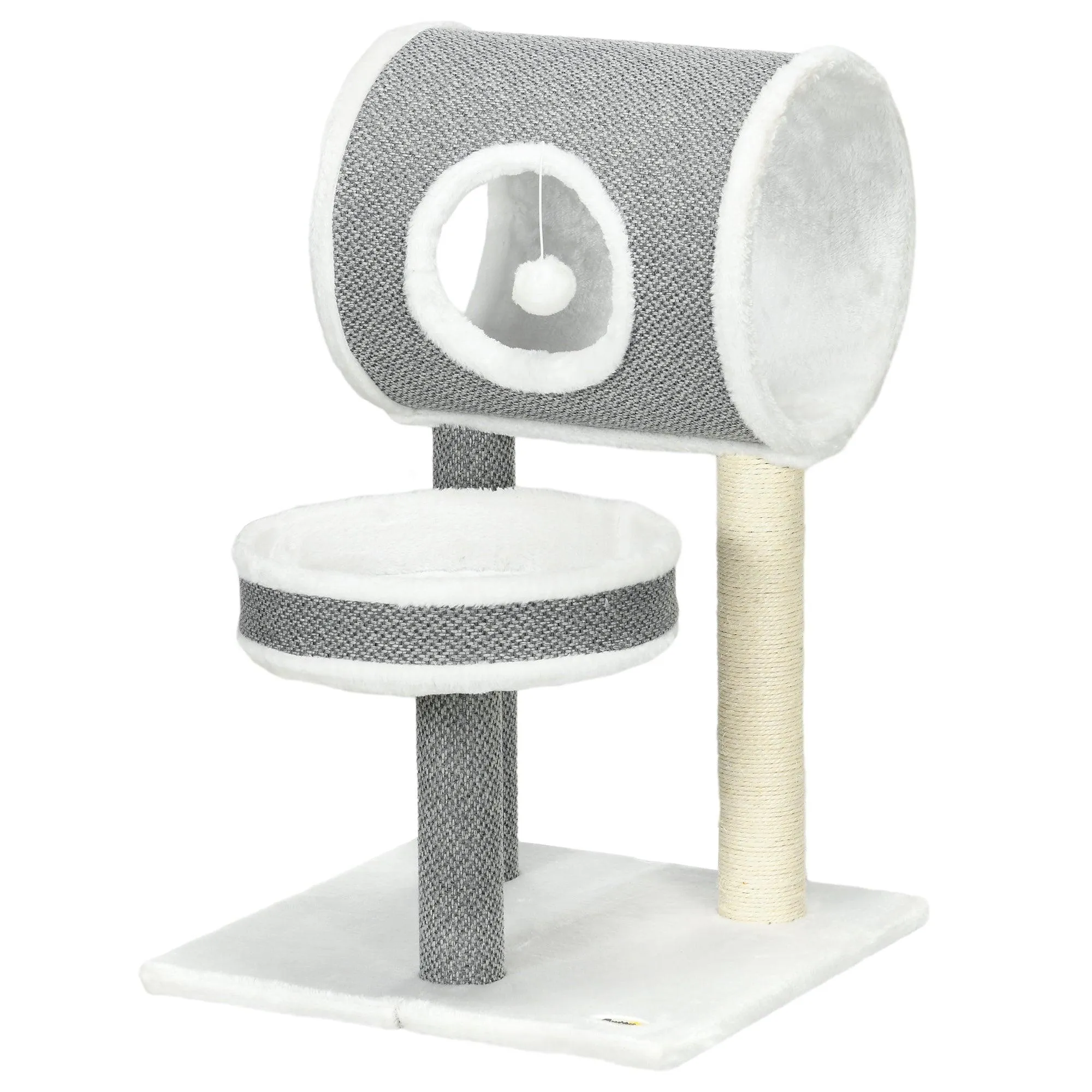 Cat Tree w/ Scratching Posts, Tunnel, Plush Bed, 73cm - Grey & White