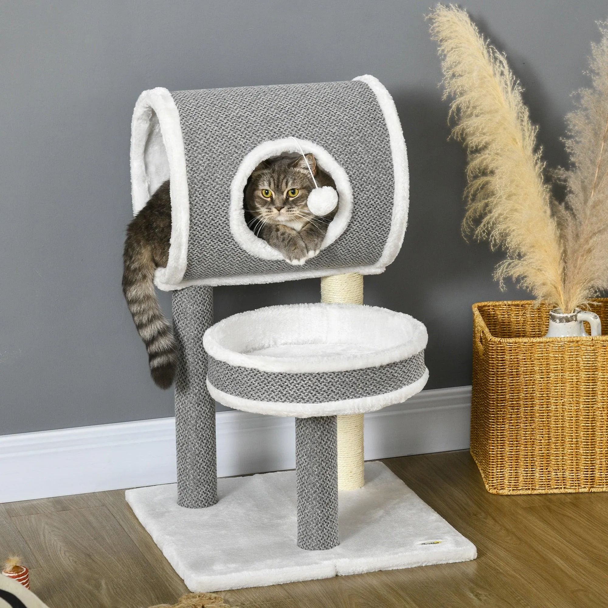 Cat Tree w/ Scratching Posts, Tunnel, Plush Bed, 73cm - Grey & White