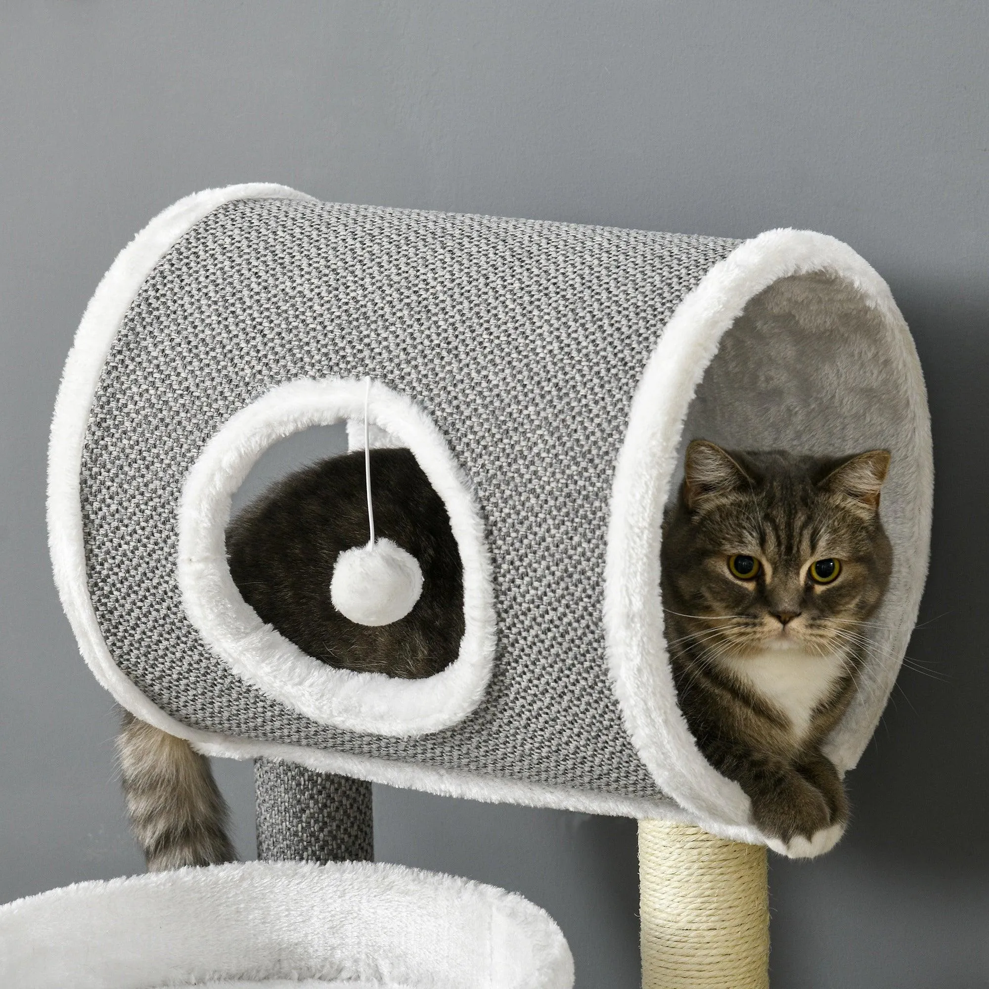 Cat Tree w/ Scratching Posts, Tunnel, Plush Bed, 73cm - Grey & White