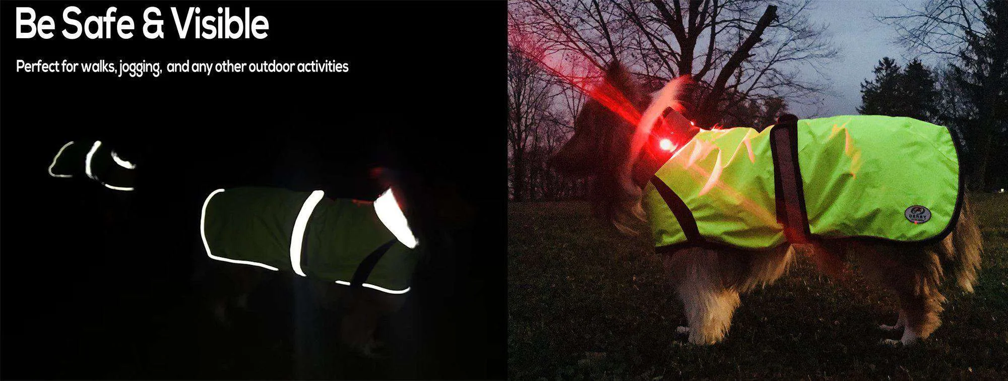 Derby Originals Light Up LED Waterproof Safety Yellow Dog Jacket with Reflective Trim, Belt, & Harness Compatible Opening