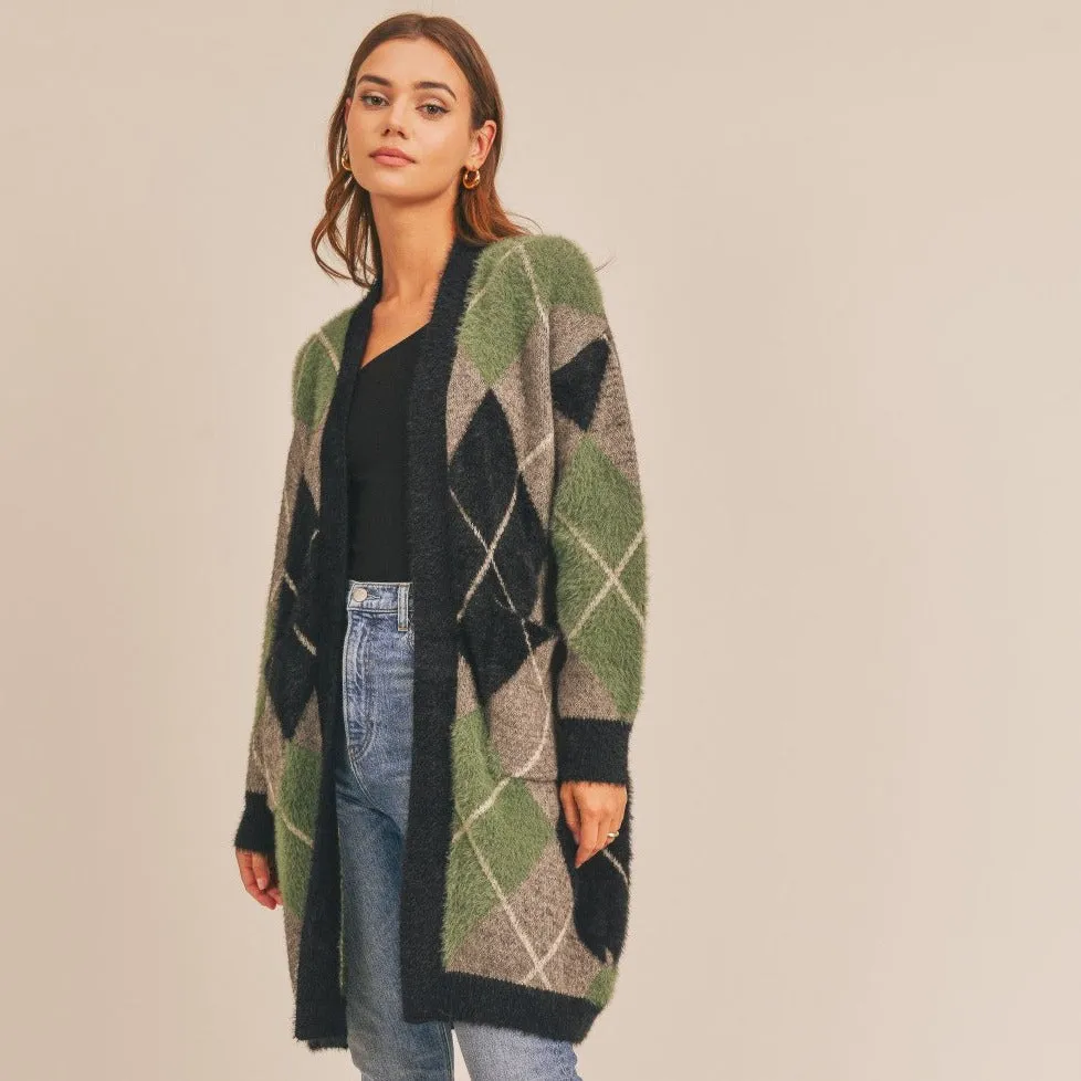 Fuzzy Plaid Jacquard Cardigan (Green Multi)