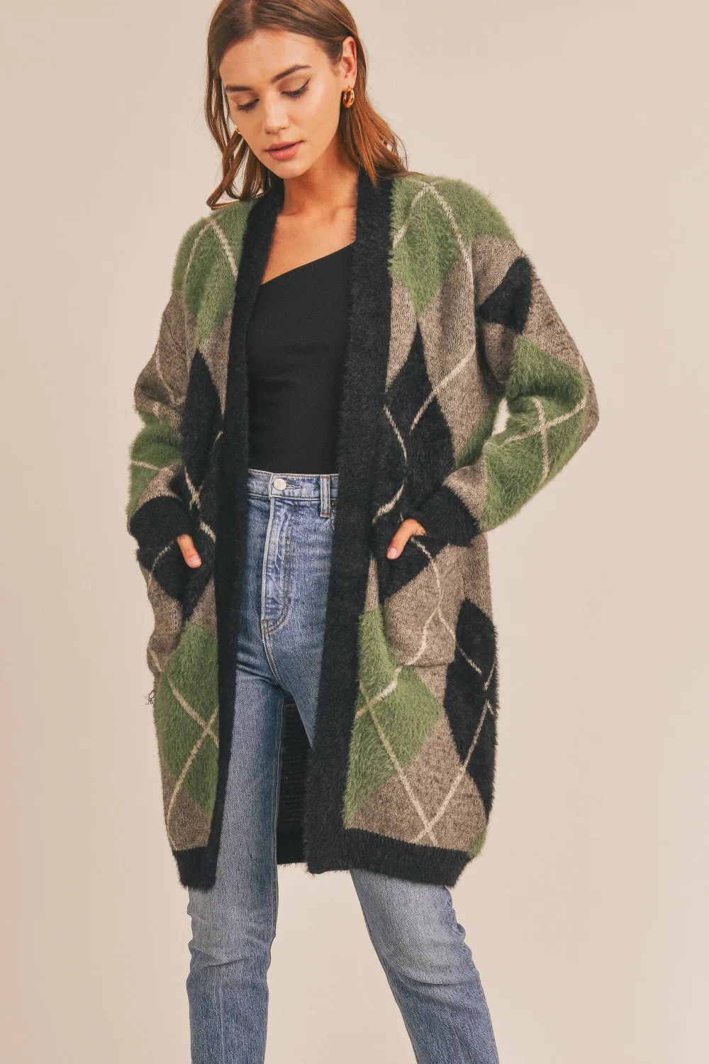 Fuzzy Plaid Jacquard Cardigan (Green Multi)