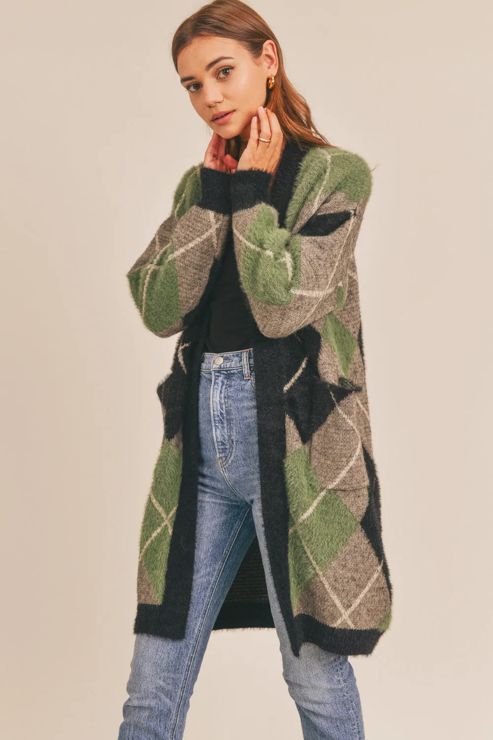 Fuzzy Plaid Jacquard Cardigan (Green Multi)