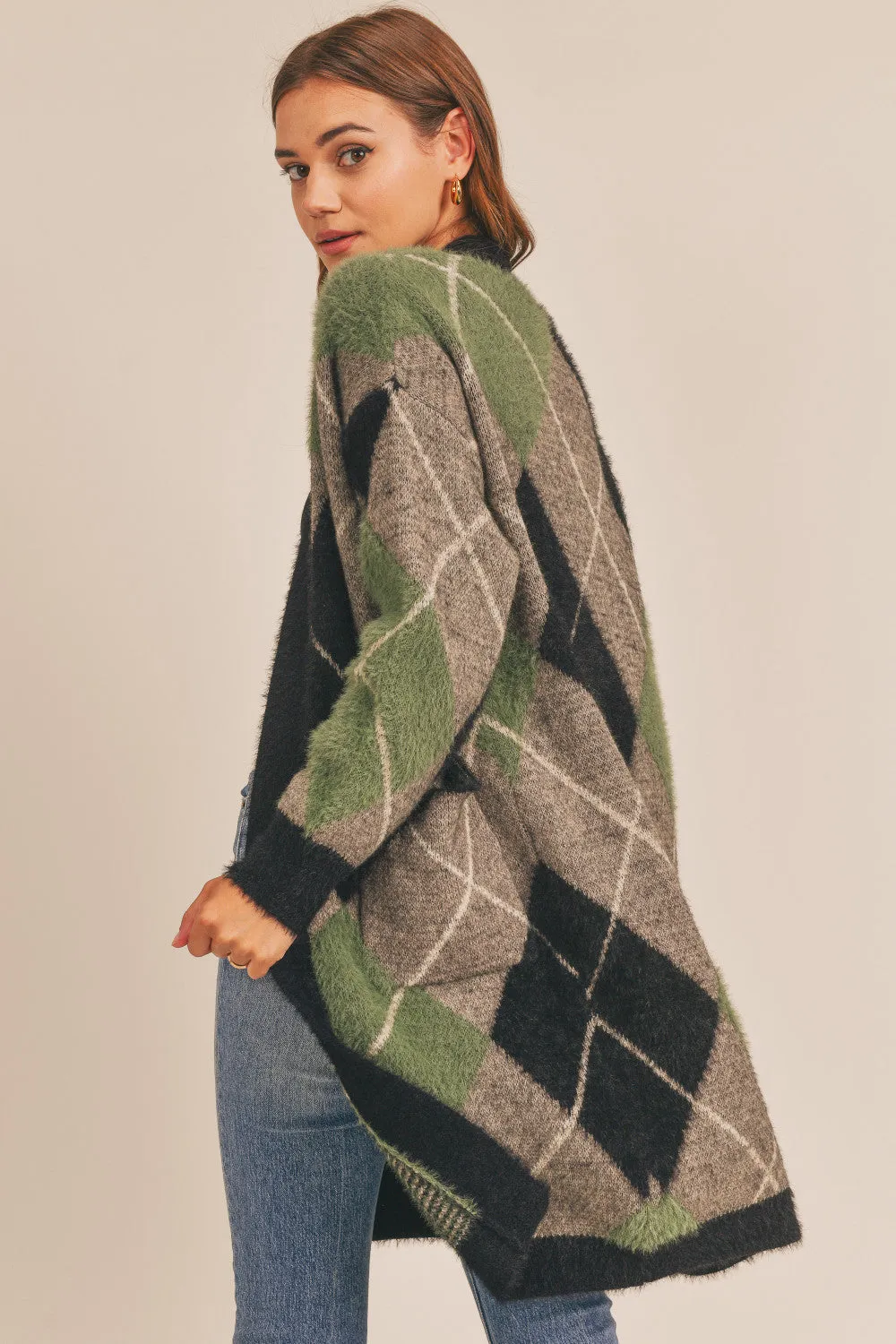 Fuzzy Plaid Jacquard Cardigan (Green Multi)