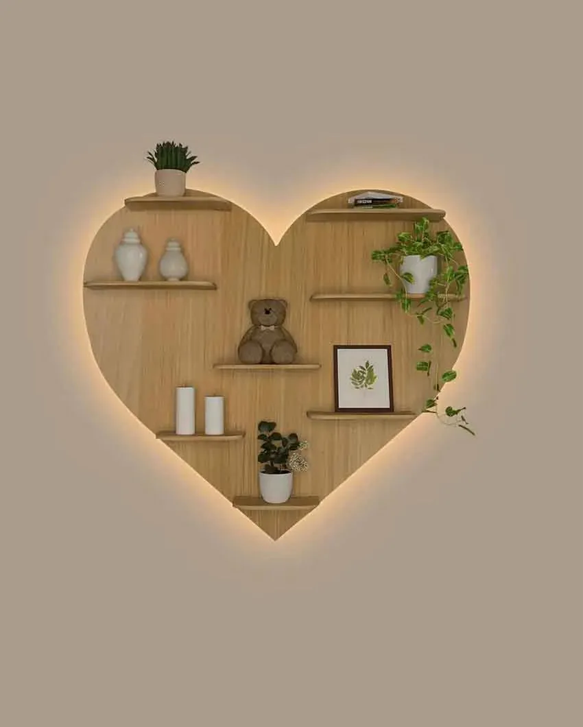 Heart Backlit Designer Wooden Wall Shelf | 29 x 32 inches