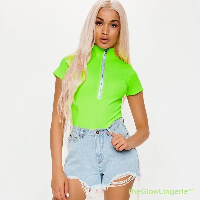 High Neck Zipper Bodysuit Neon Sexy Club