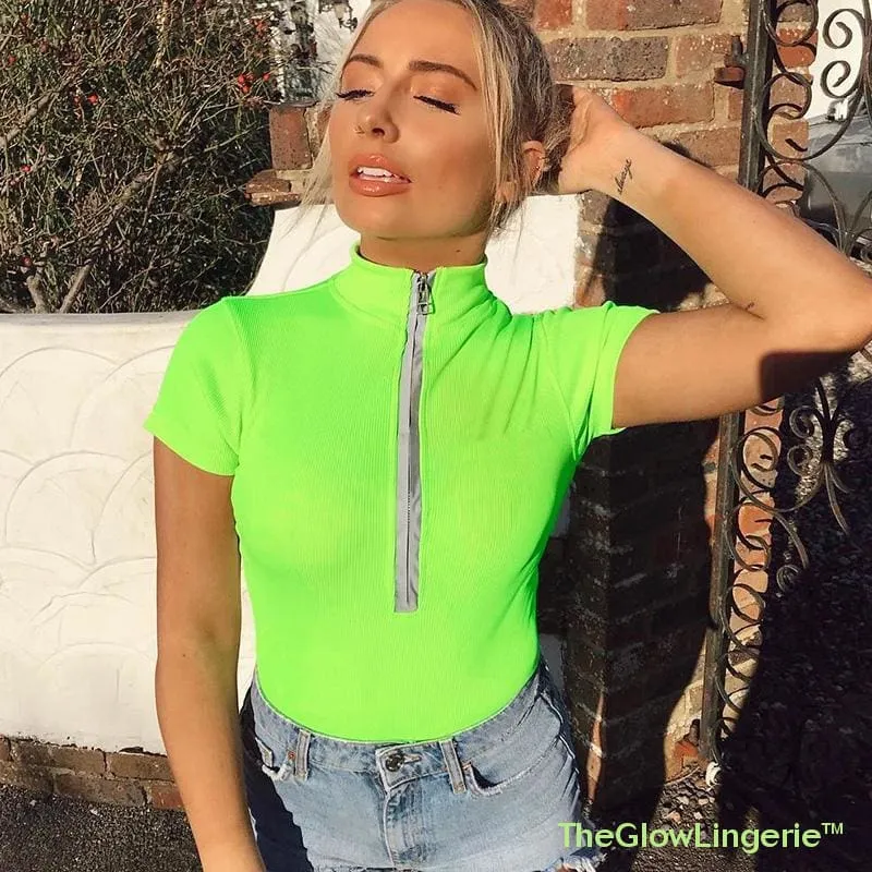 High Neck Zipper Bodysuit Neon Sexy Club