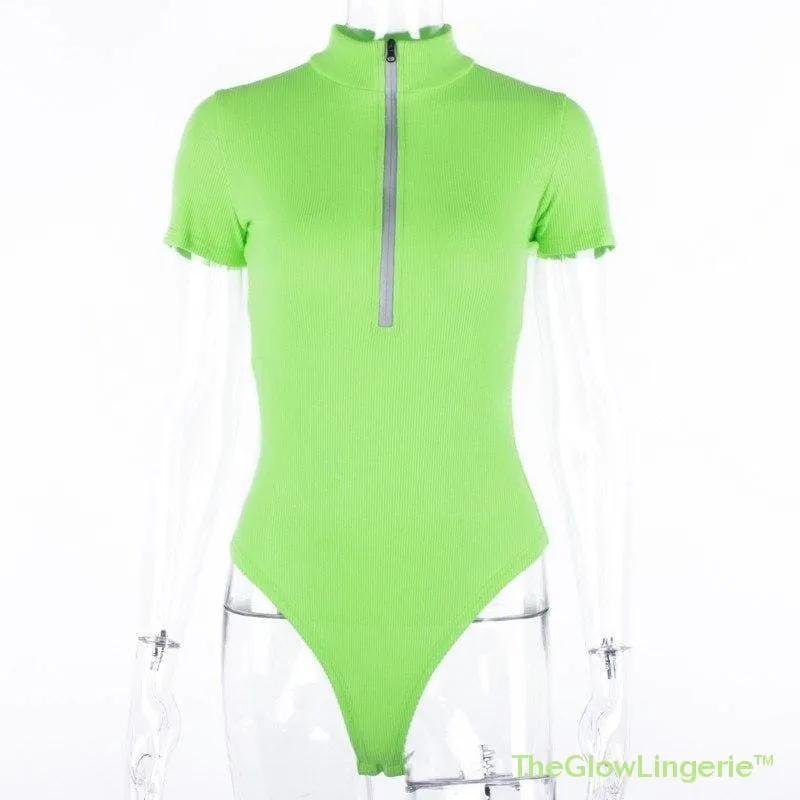 High Neck Zipper Bodysuit Neon Sexy Club