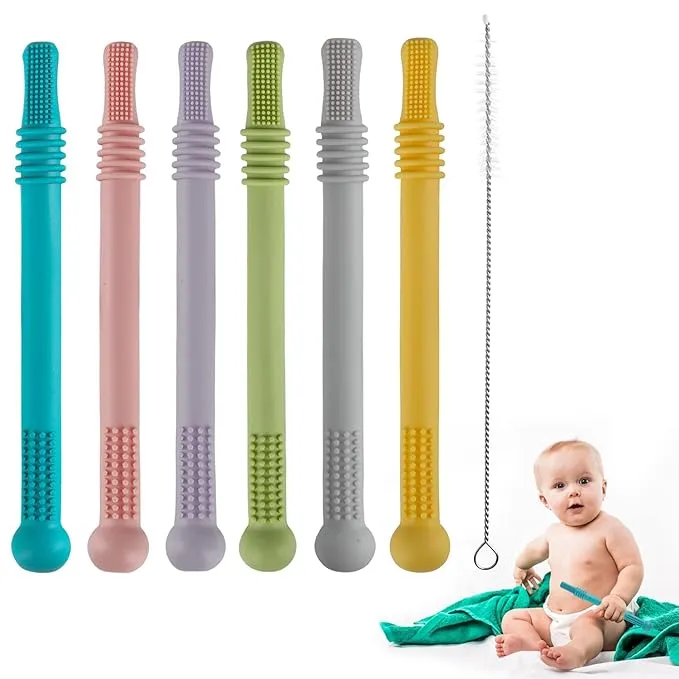 Hollow Teether Tube 6-Pack – BPA-Free Silicone Chew Straws for Babies 3-12 Months