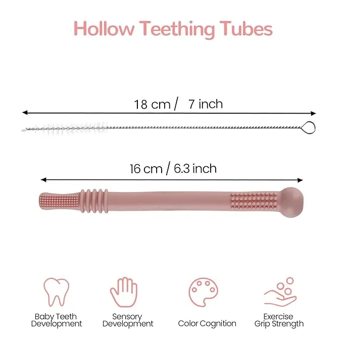 Hollow Teether Tube 6-Pack – BPA-Free Silicone Chew Straws for Babies 3-12 Months