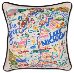 Lake Michigan Hand-Embroidered Pillow