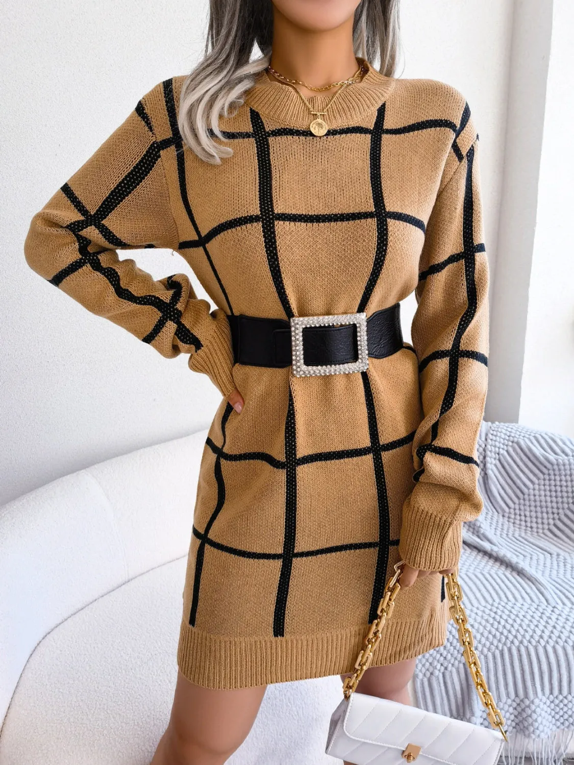 Maisie Plaid Round Neck Dropped Shoulder Sweater Dress