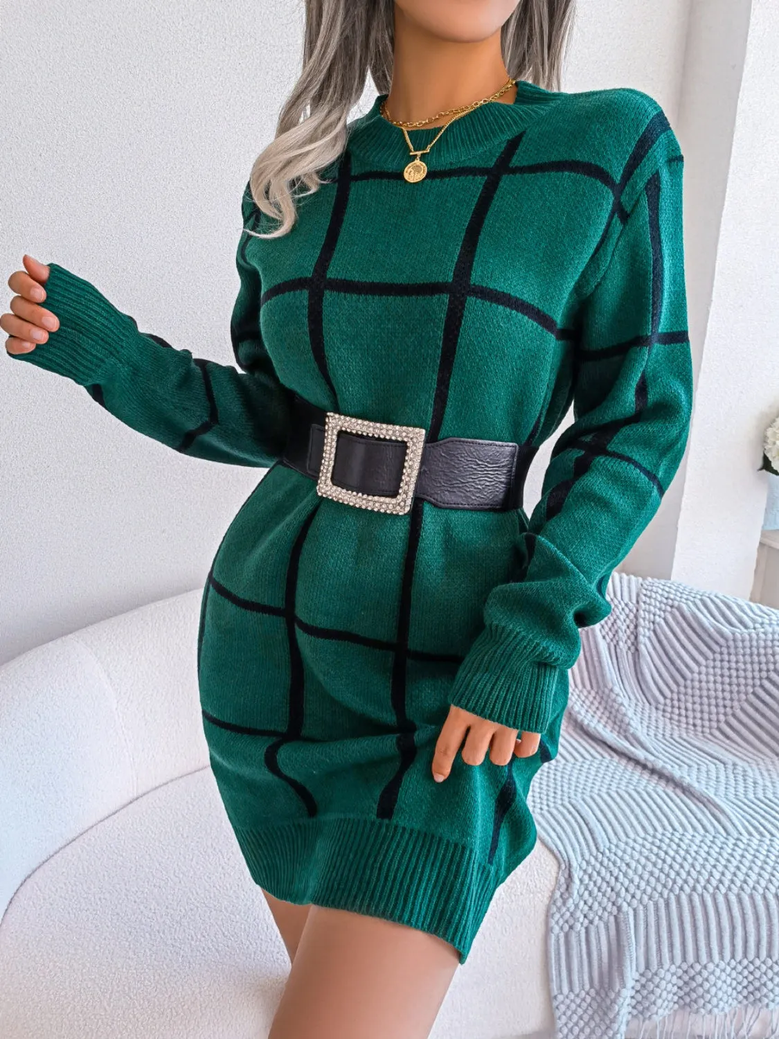 Maisie Plaid Round Neck Dropped Shoulder Sweater Dress