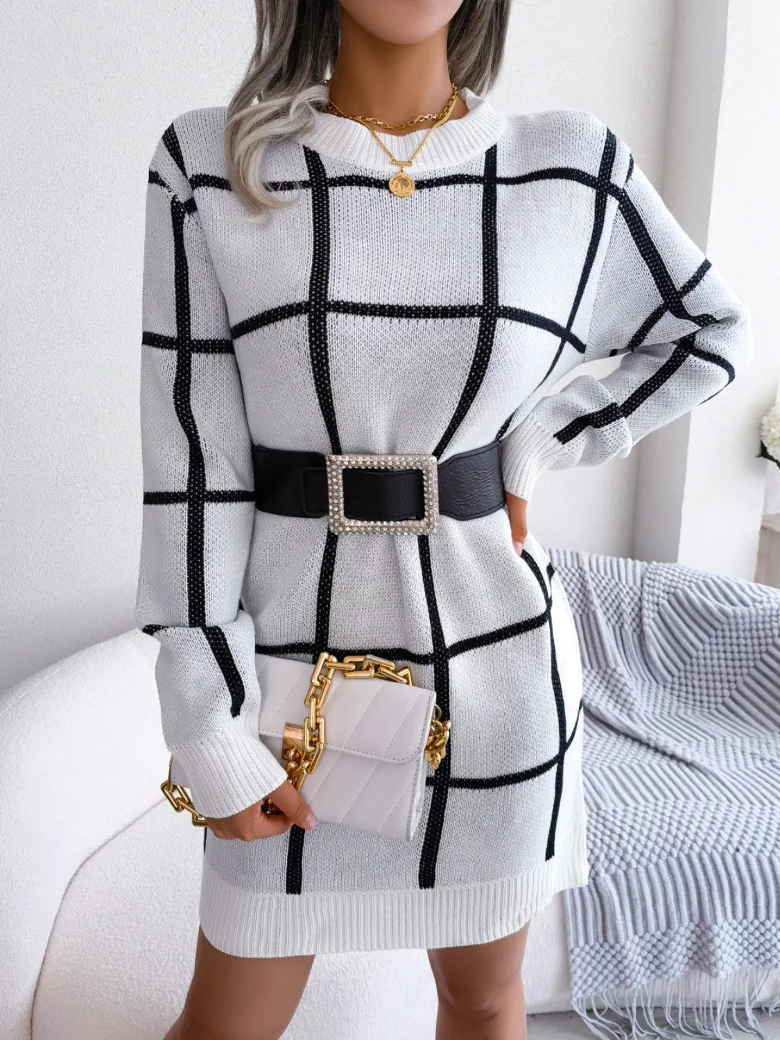 Maisie Plaid Round Neck Dropped Shoulder Sweater Dress