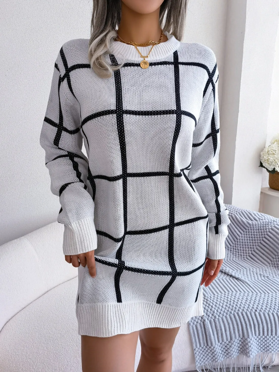 Maisie Plaid Round Neck Dropped Shoulder Sweater Dress