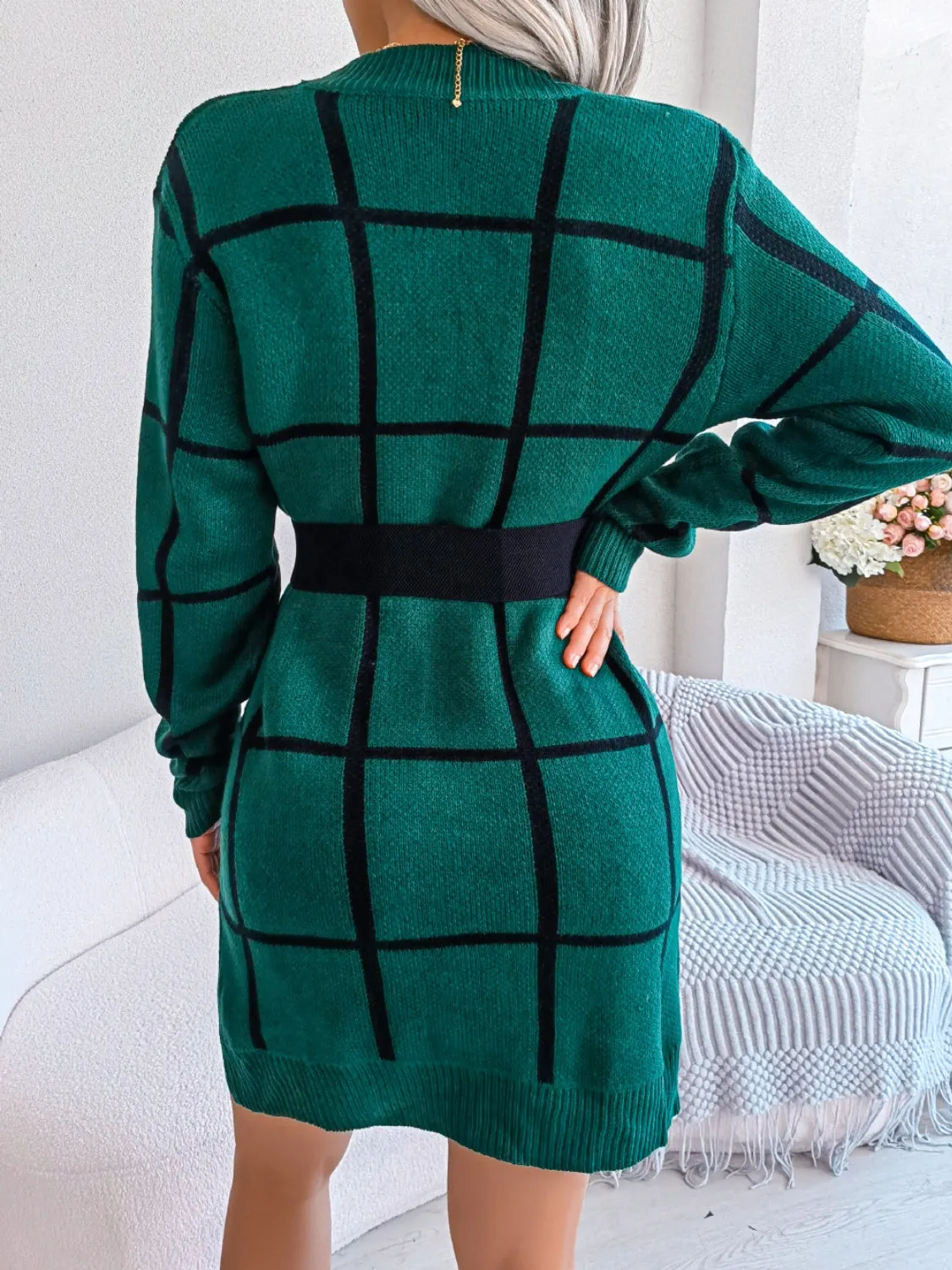 Maisie Plaid Round Neck Dropped Shoulder Sweater Dress